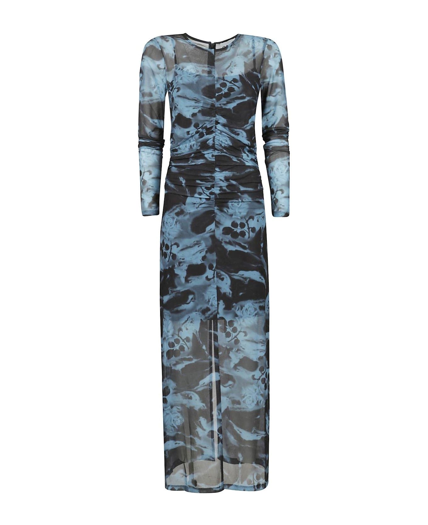 Ganni Printed Mesh O-neck Ruched Long Dress - Blue Shadow