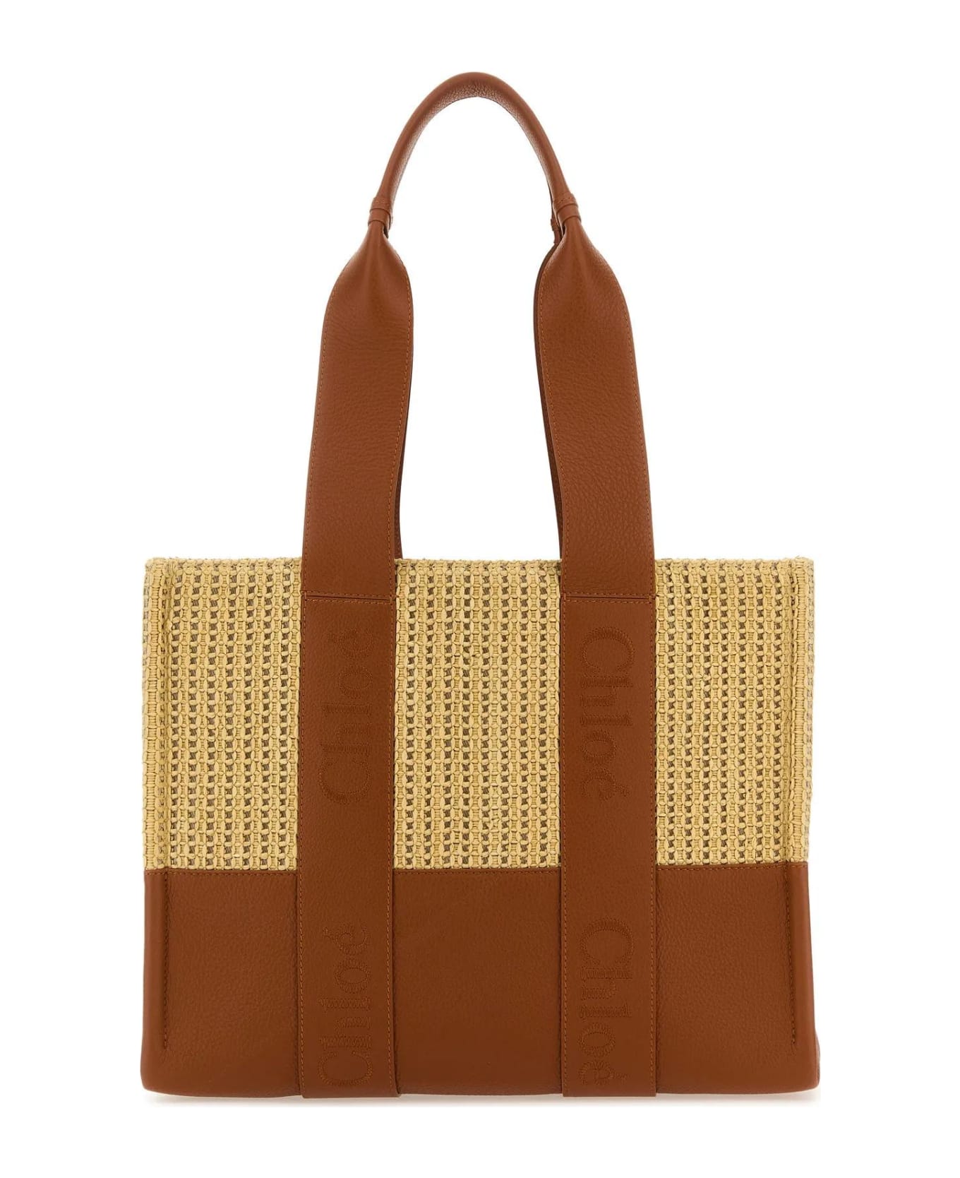 Chloé Raffia And Leather Woody Shopping Bag - Marrone