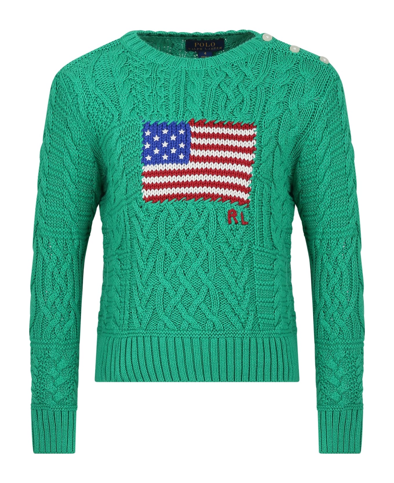 Ralph Lauren Green Sweater For Girl With Iconic Flag - Green
