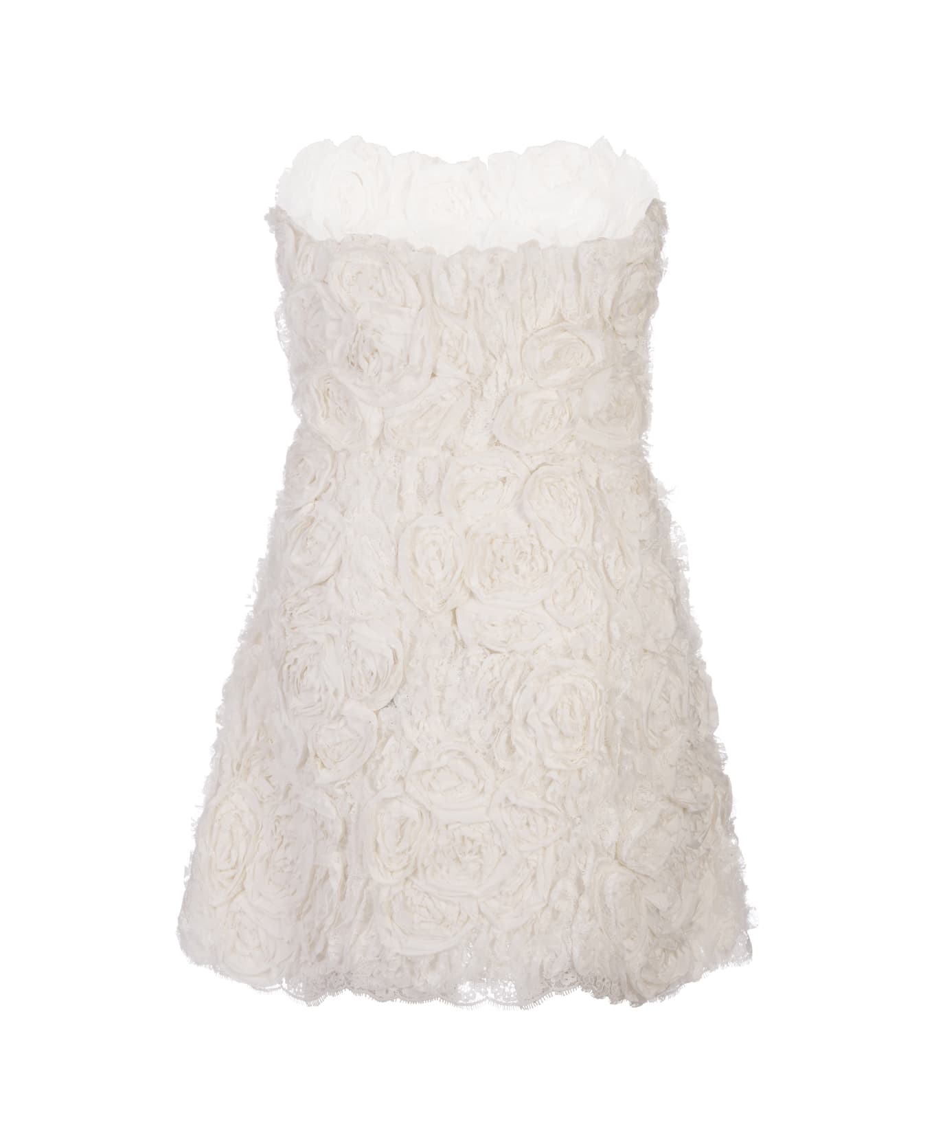 Ermanno Scervino Sculpture Dress In White Lace With Applied Roses - White ワンピース＆ドレス