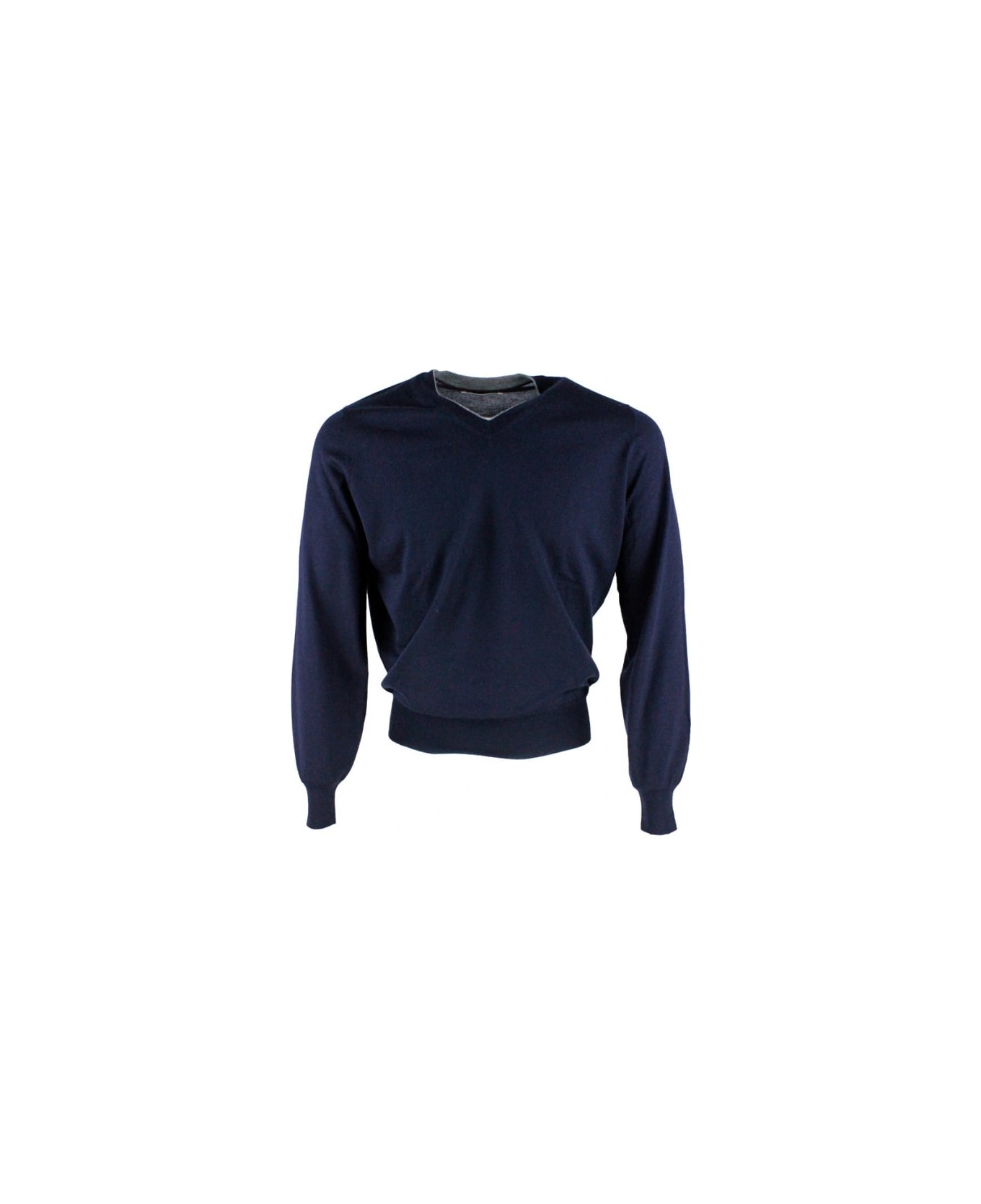 Brunello Cucinelli Cashmere And Silk High V-neck Sweater - Blu