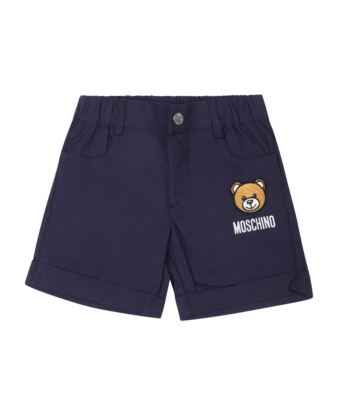 Moschino Blue Shorts For Baby Boy With Teddy Bear And Logo - Blue