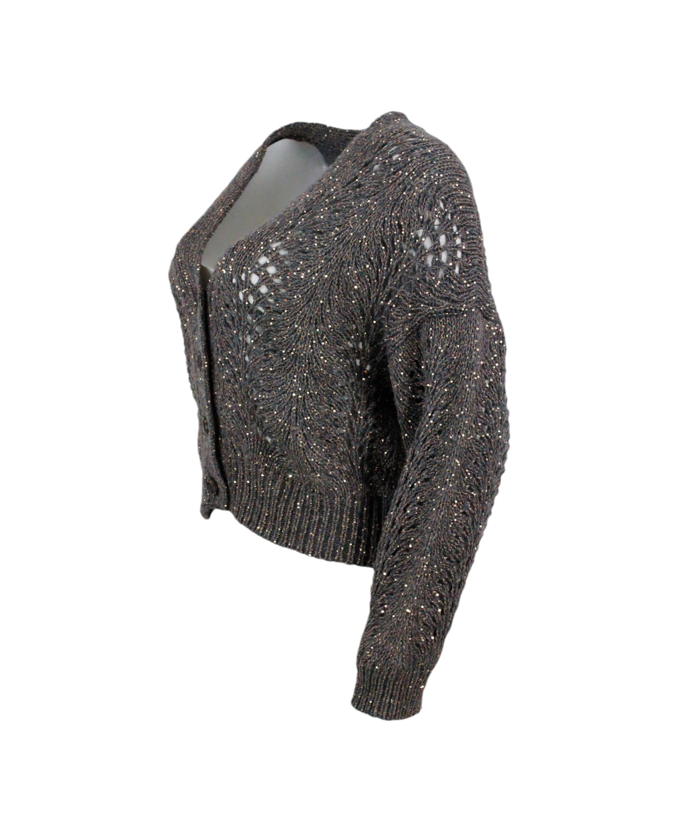 Brunello Cucinelli Cardigan Sweater With Buttons In Precious And Refined Feather Cashmere Embellished With A Dazzling Yarn With Sequins For A Shiny And Three-dimensional - Grey