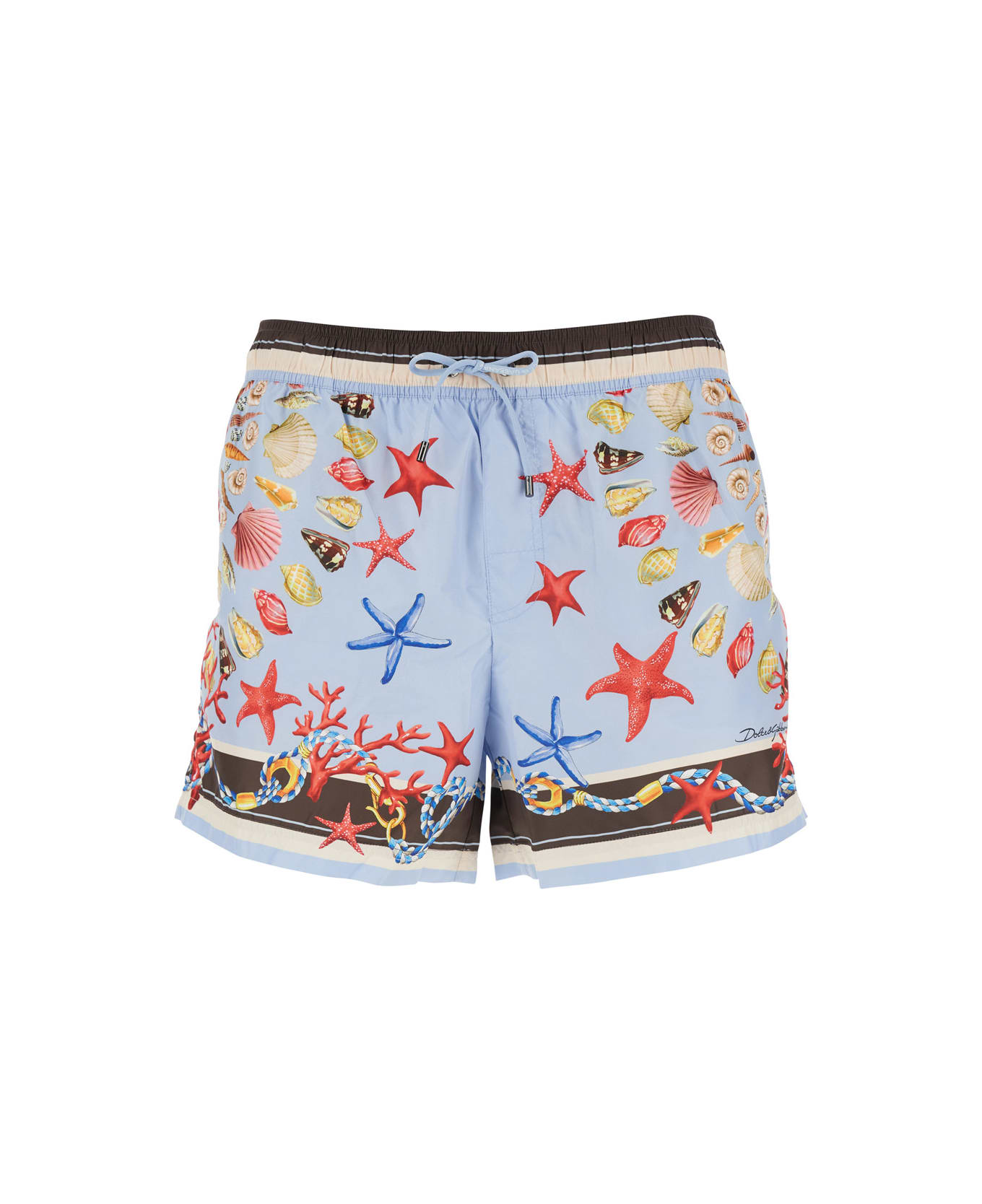 Dolce 
Gabbana Light Blue Swim Shorts With Drawstring Elastic Waist And All-over Print In Tech Fabric Man - Light blue