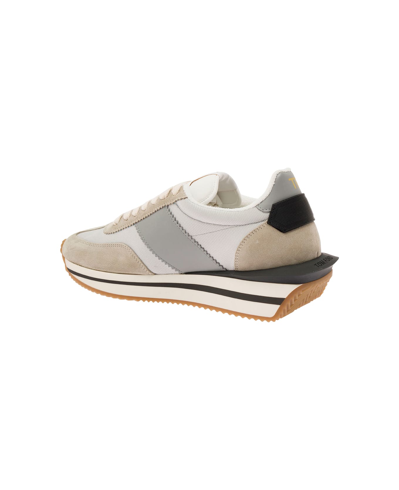 Tom Ford 'james' Beige And Silver Low Top Sneakers With Logo Detail In Lycra And Suede Man - Grey