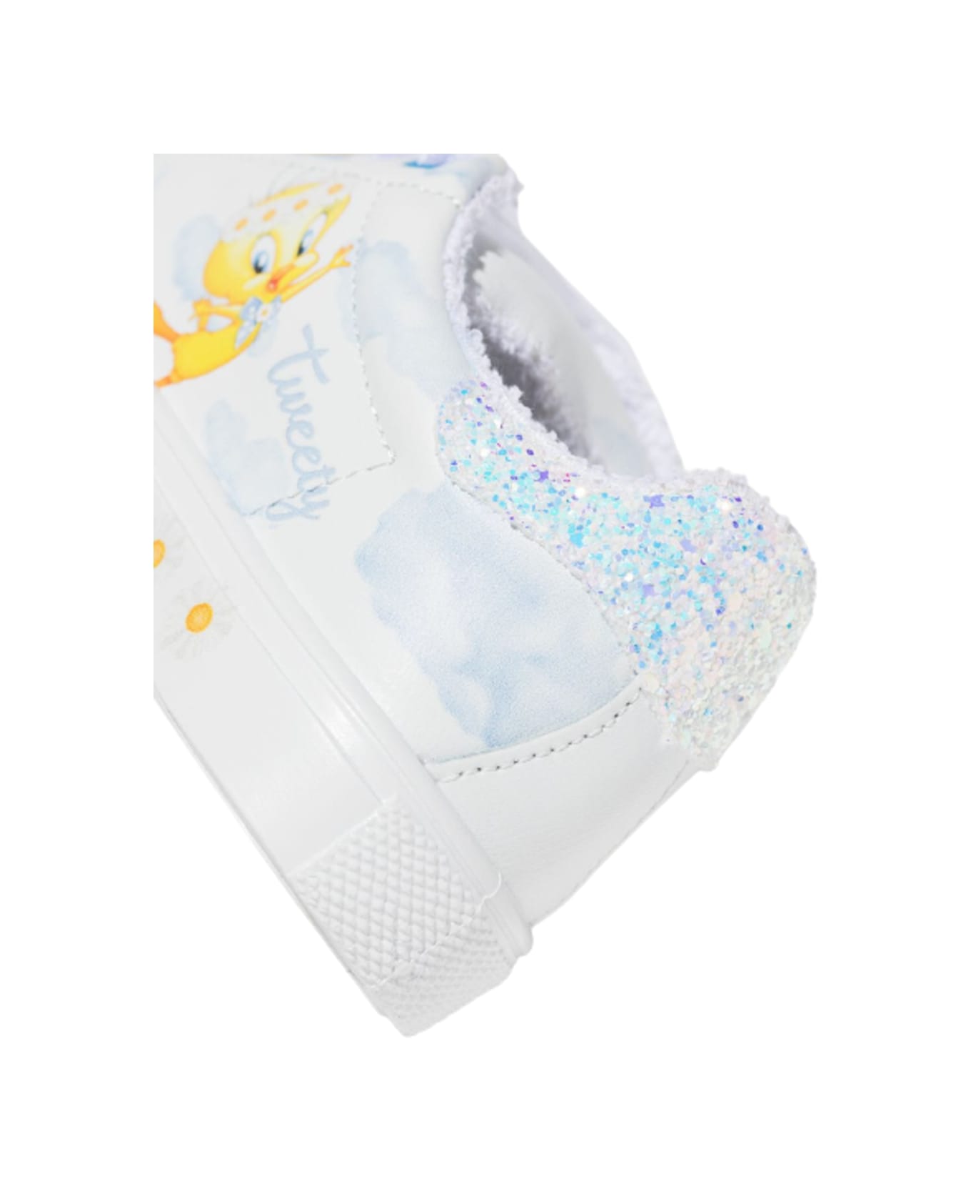 Monnalisa White Leather Sneakers With Tweety Clouds Print - White