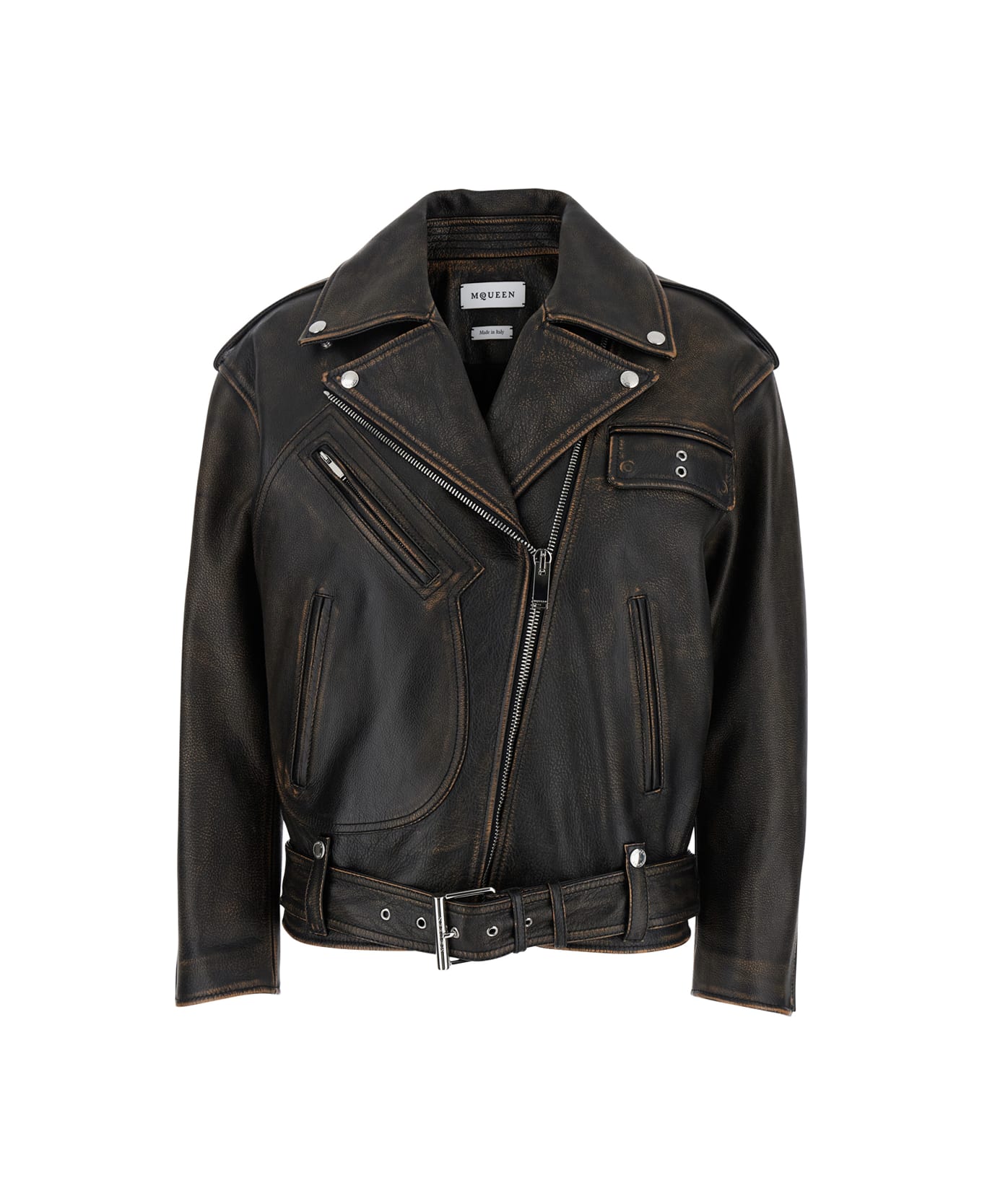 Alexander McQueen Antiqued Brown Biker Jacket With Wide Classic Lapels And Decentralized Zip Closure In Leather Woman - Brown