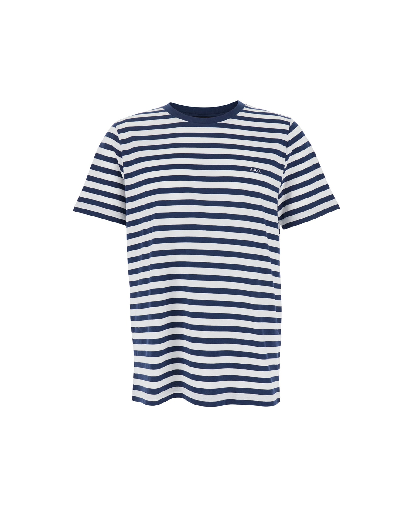 A.P.C. Blue T-shirt With Striped Motif And Logo Embroidered On The Front In Cotton Man - Blu