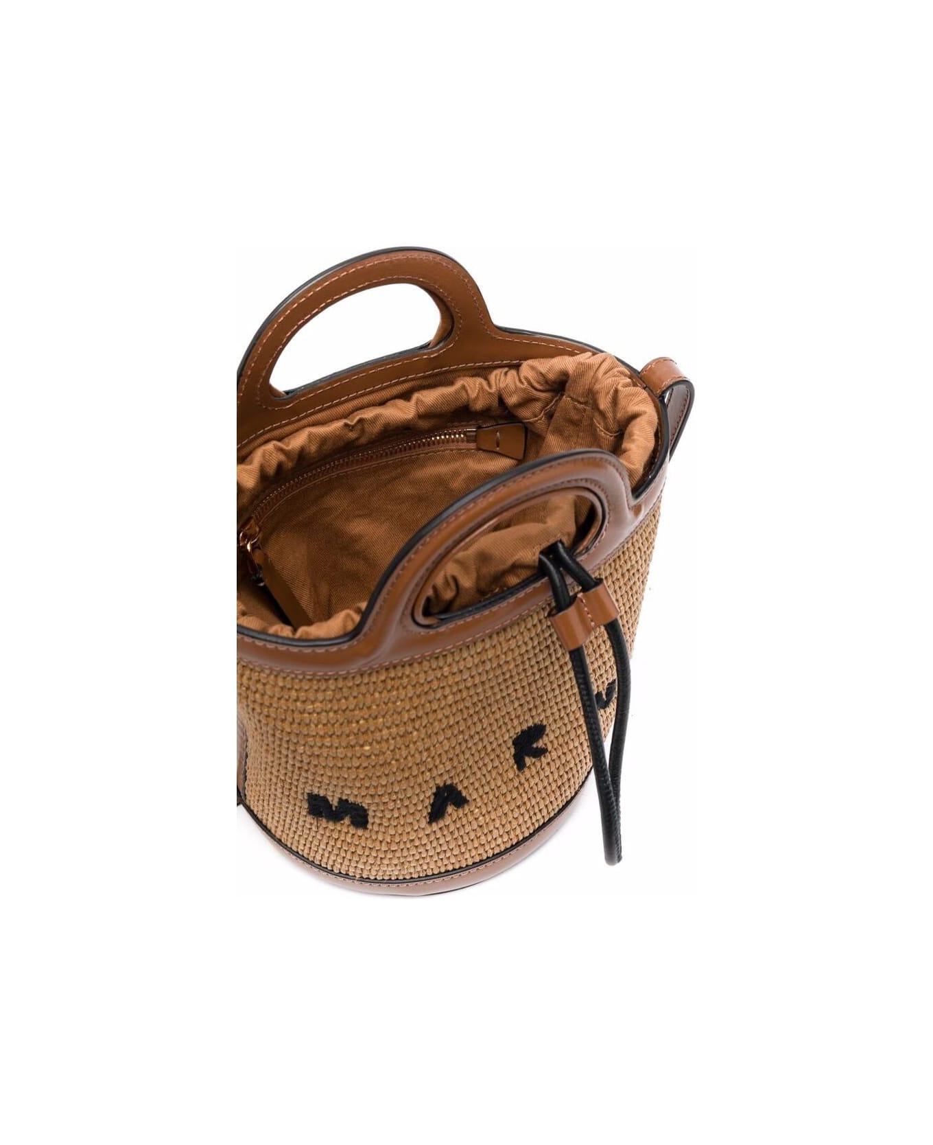 Marni Brown Mini Bucket Tropicalia Bag In Raffia Woman - Beige