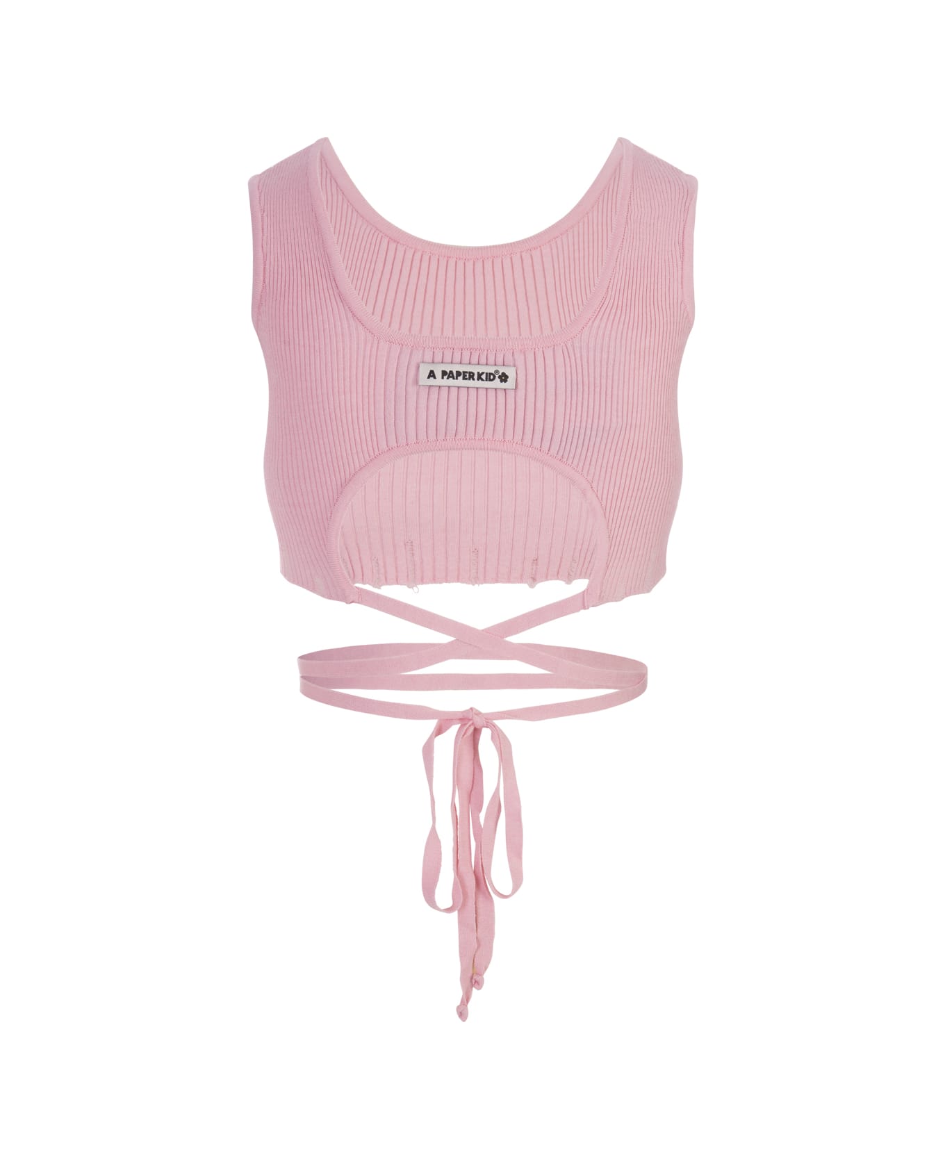 A Paper Kid Pink Ribbed Knit Crop Top With Distressed Effect