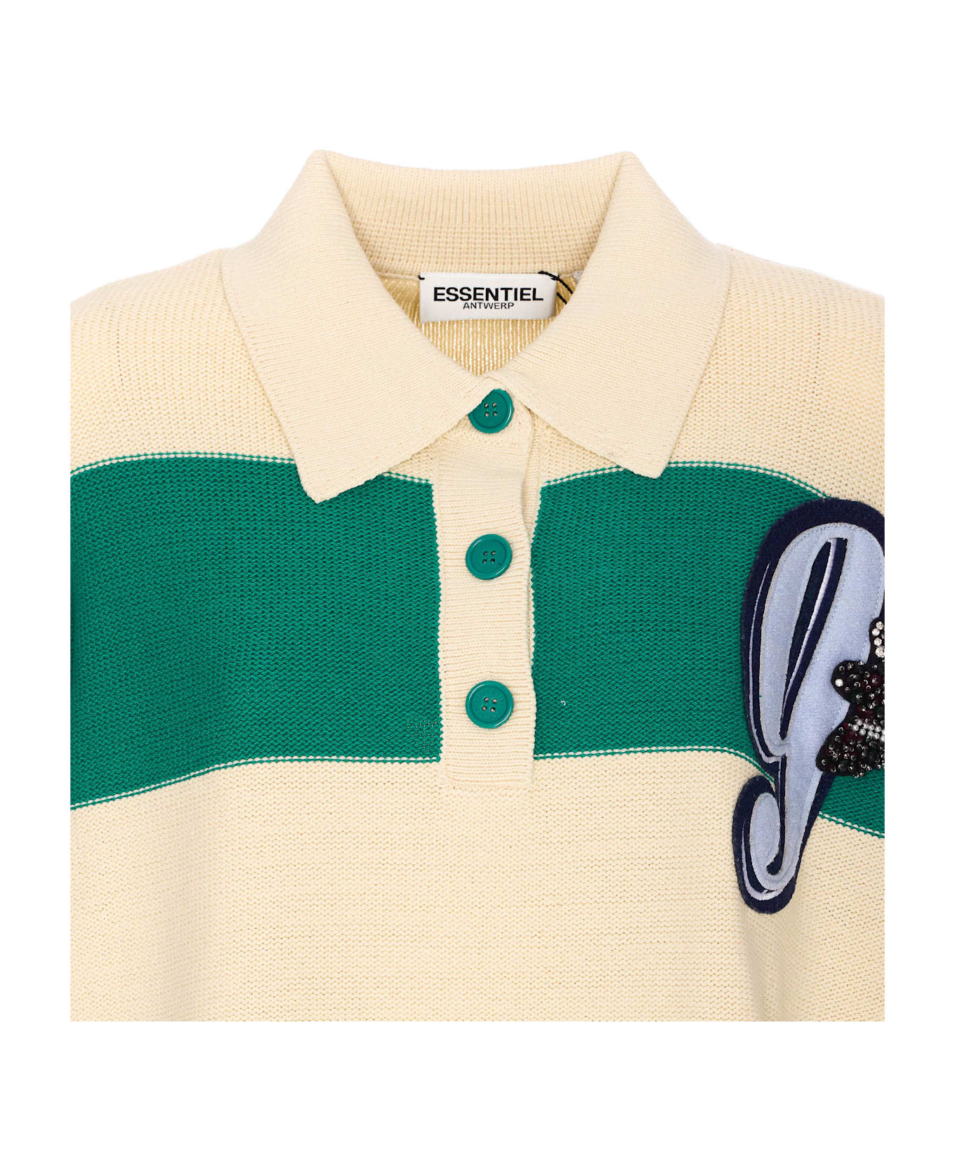 Essentiel Antwerp Hamam Striped Knitted Polo With Rhinestone And Bead Embrodery - Green