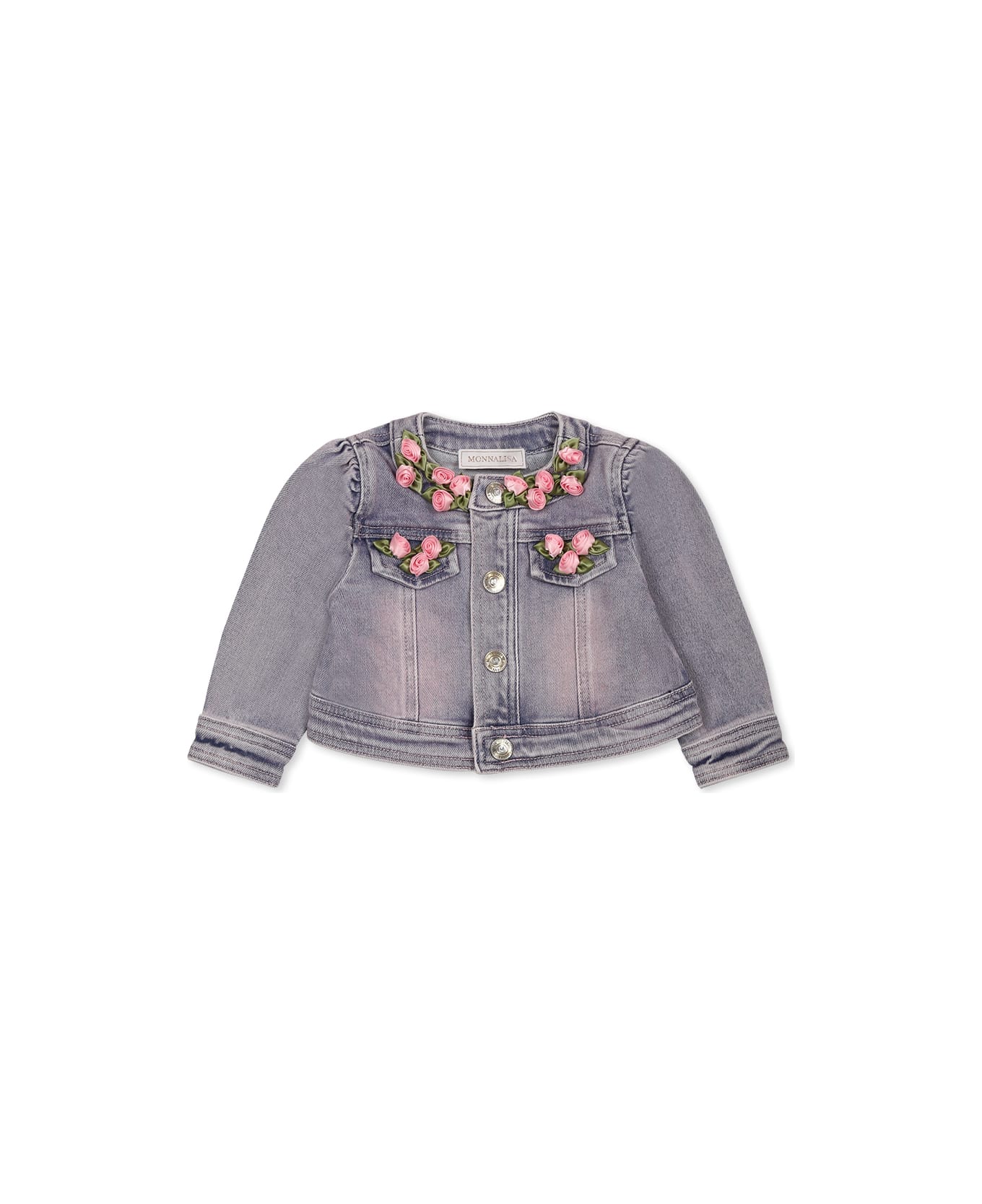 Monnalisa Denim Jacket For Baby Girl With Roses - Denim