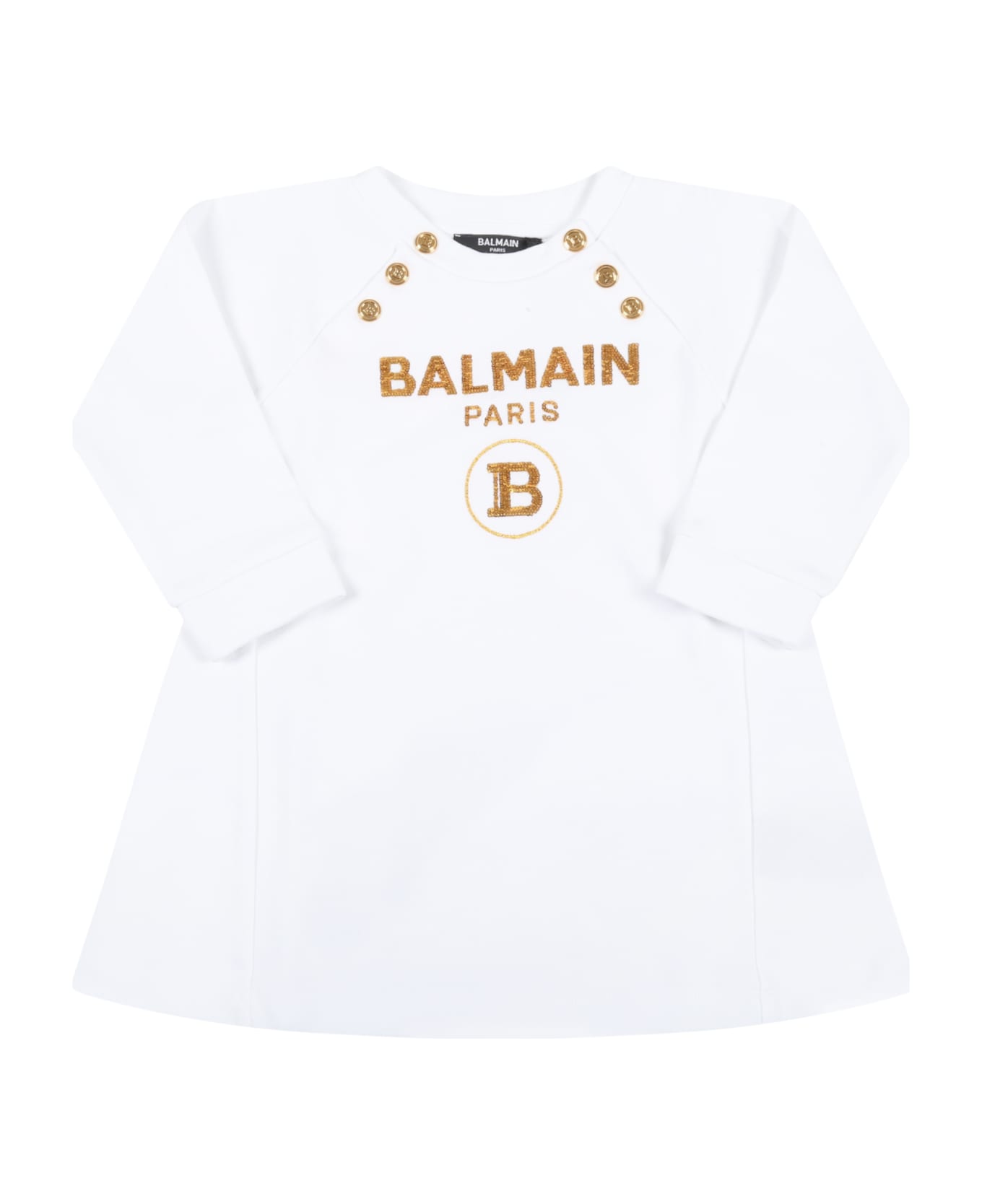 Balmain White Dress For Baby Girl With Gold Logo - White