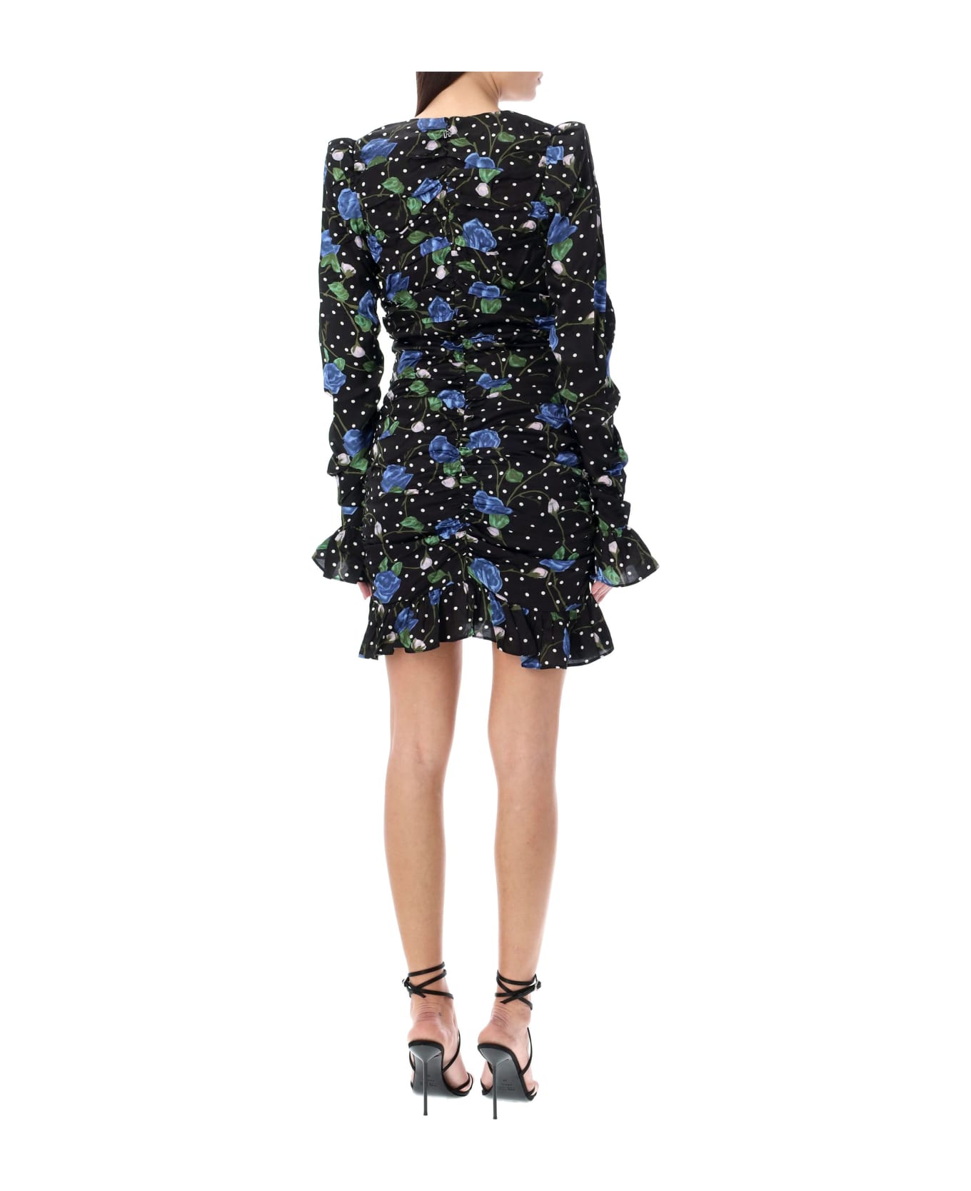 Rotate by Birger Christensen Satin Ruffle Mini Dress - BLACK BLUE FLOWER