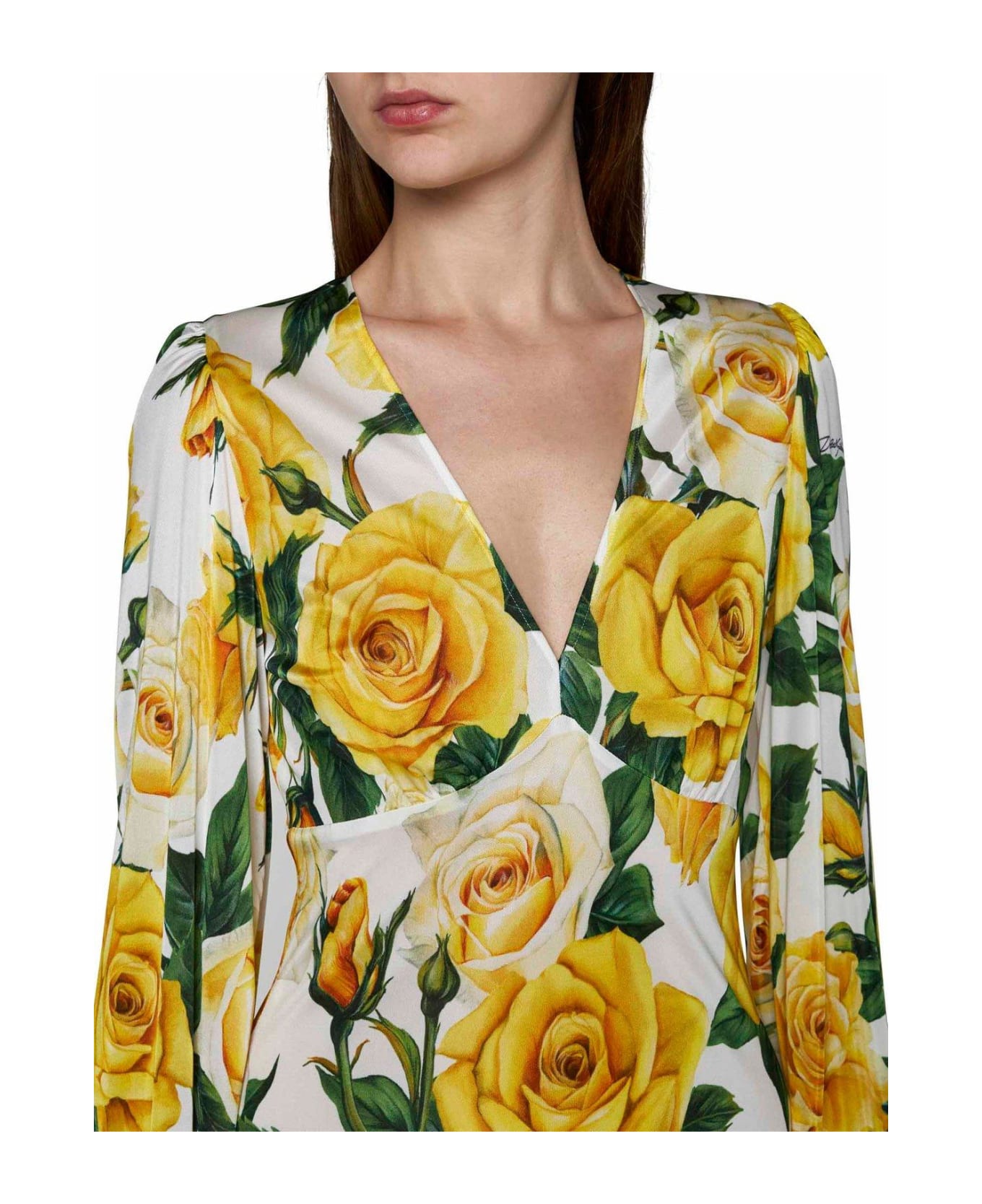 Dolce & Gabbana Rose Printed V-neck Dress - Rose gialle fdo bco ワンピース＆ドレス
