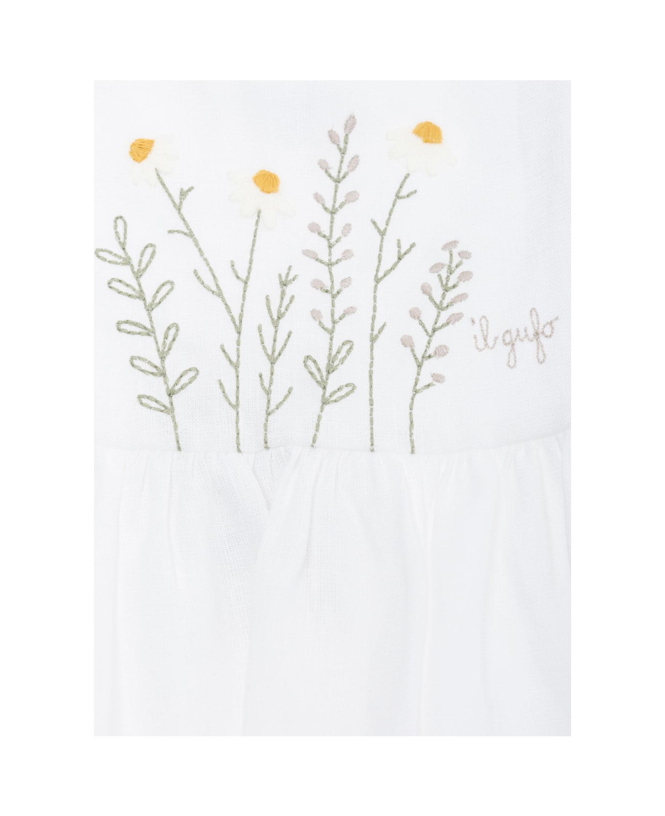 Il Gufo White Crewneck Dress With Embroidery On The Front And Matching Shorts In Linen Baby - White