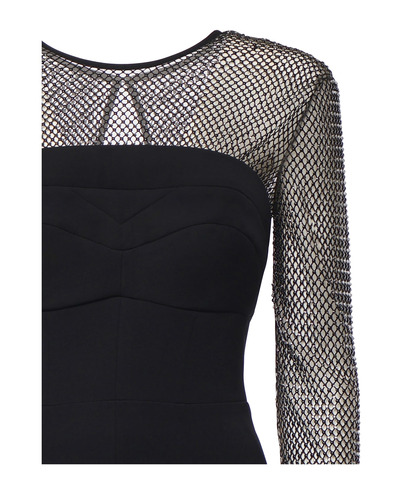 Genny Long Dress With Mesh Sleeves And Rhinestones - Black