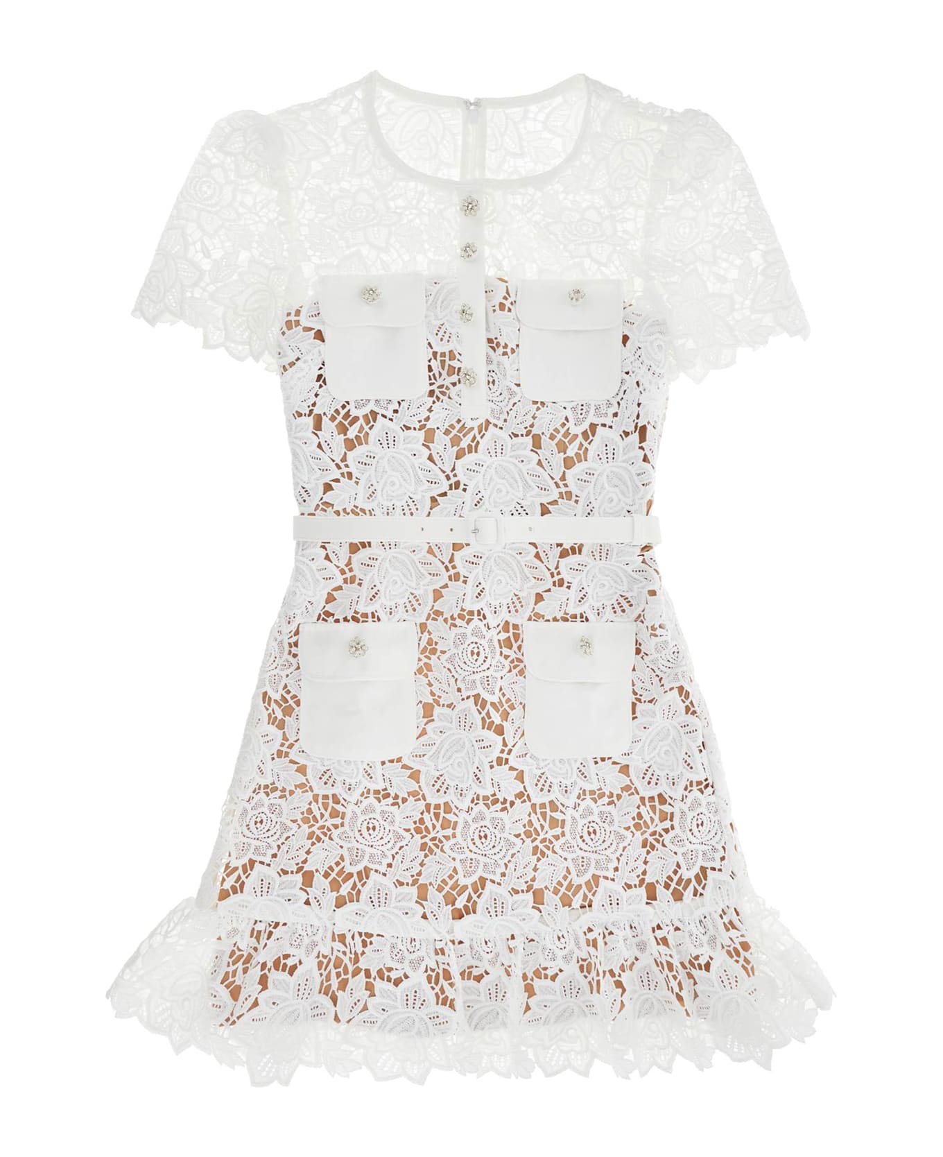 self-portrait Lace Mini Dress With Belt - White