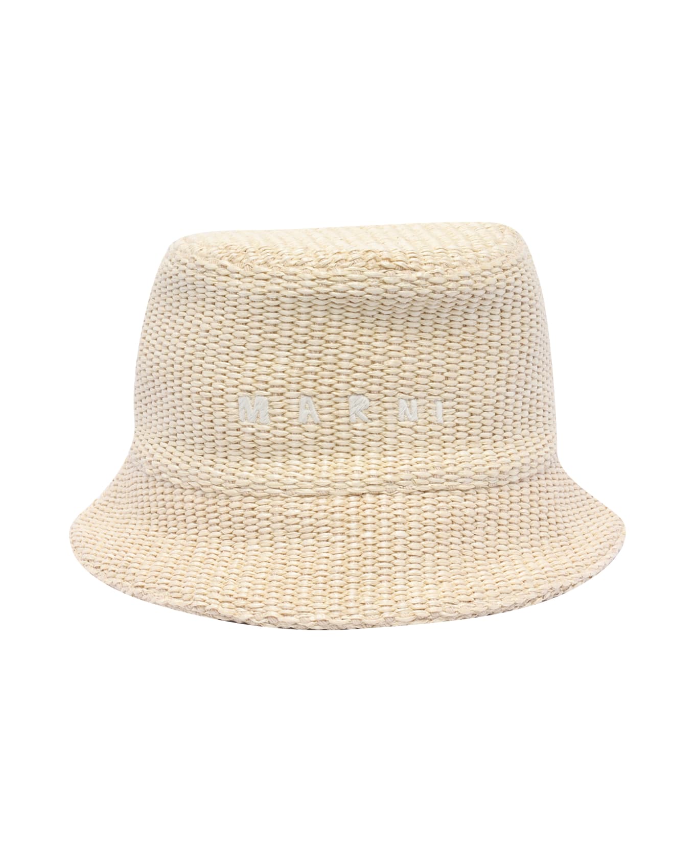 Marni Bucket Hat Rafia Effect With Embroidered Logo - White