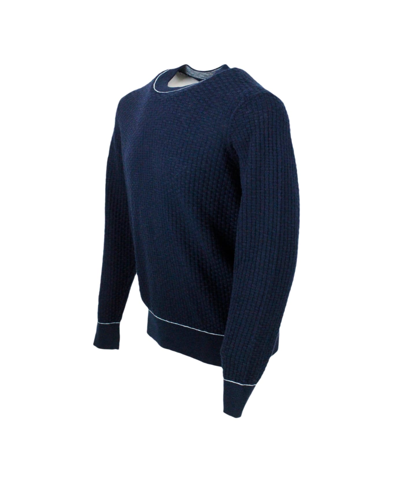 Armani Collezioni Crew-neck And Long-sleeved Sweater In Cotton And Linen With Honeycomb Workmanship. - Blue