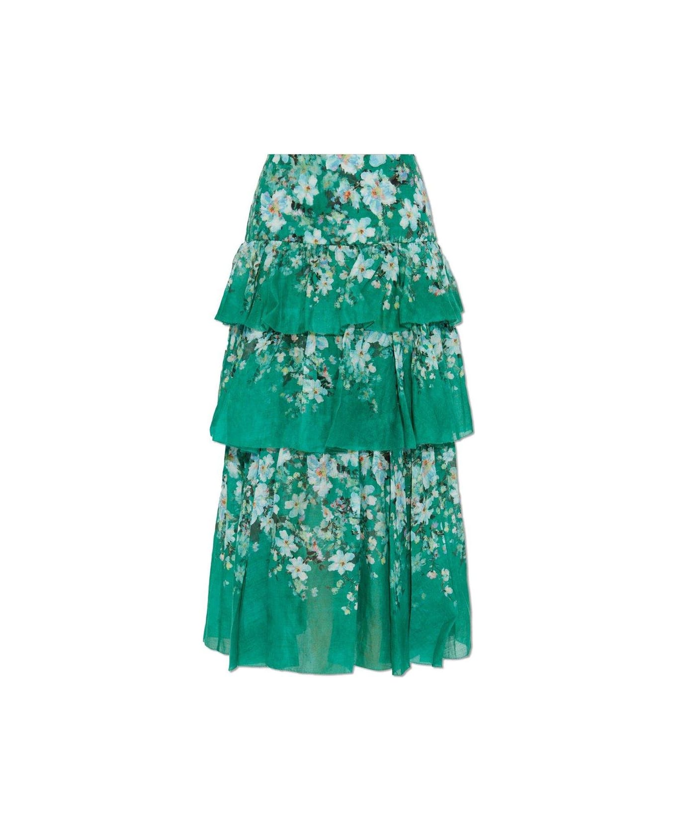 Zimmermann Everley Tiered Floral Printed Midi Skirt - Verde