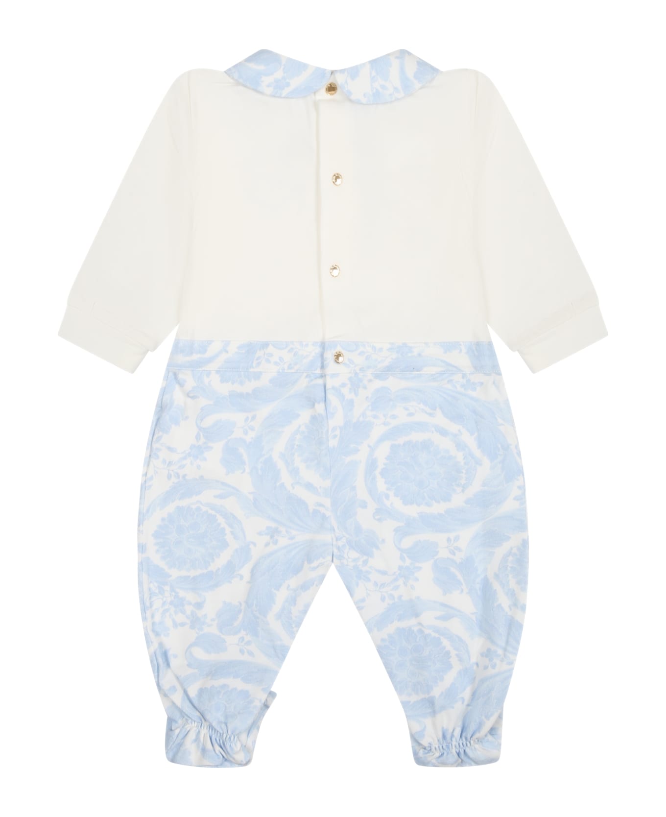 Versace Light Blue Baby Jumpsuit With Baroque Print - Light Blue ボディスーツ＆セットアップ