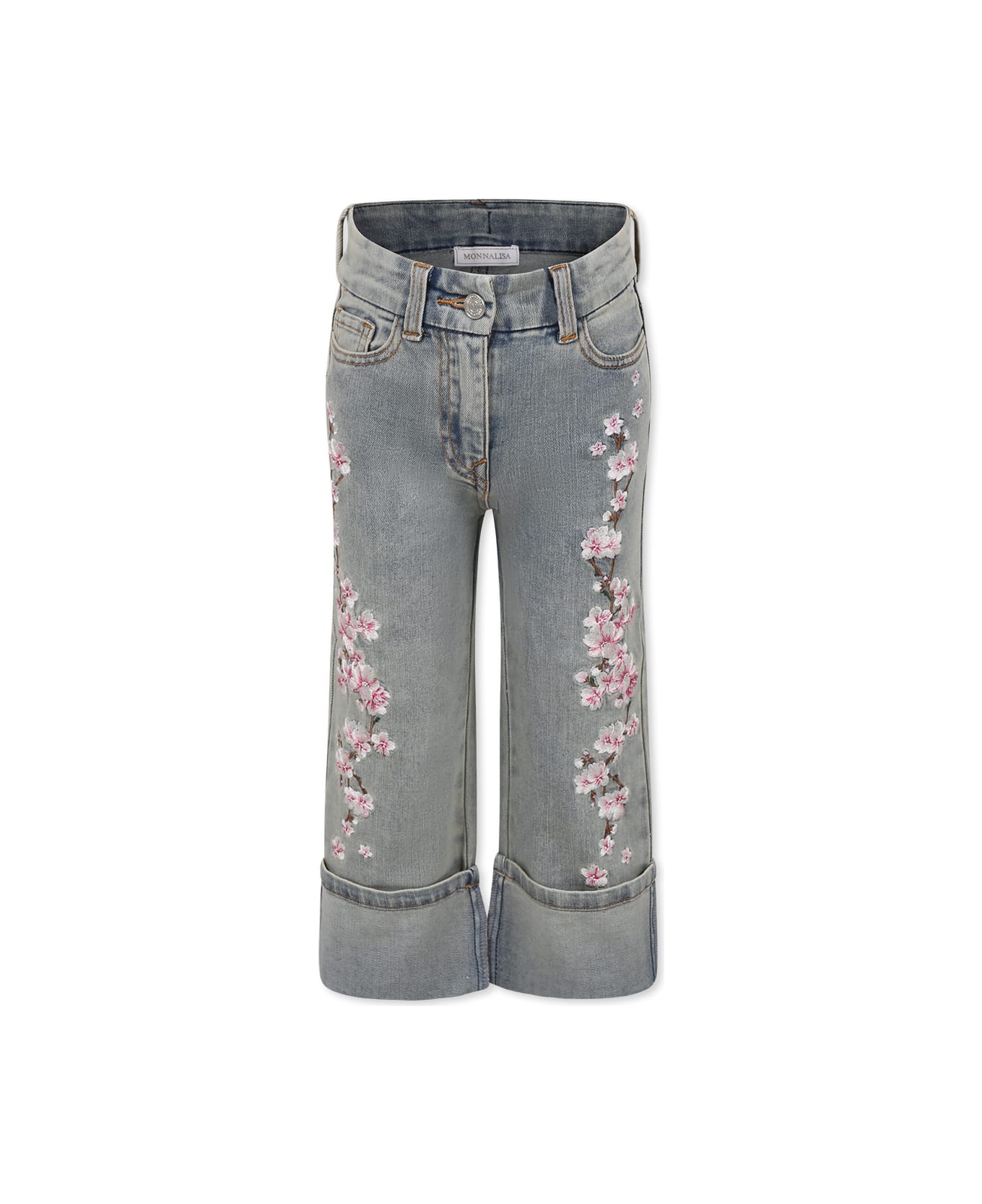 Monnalisa Gray Jeans For Girl With Cherry Blossoms - Grey