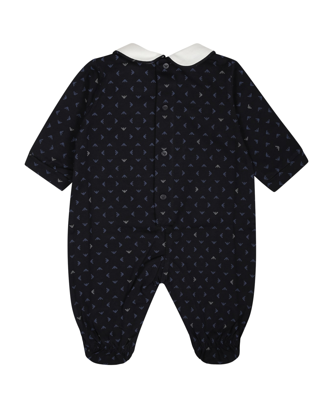 Emporio Armani Blue Playsuit For Baby Boy With All-over Eagle Logo - Blue ボディスーツ＆セットアップ