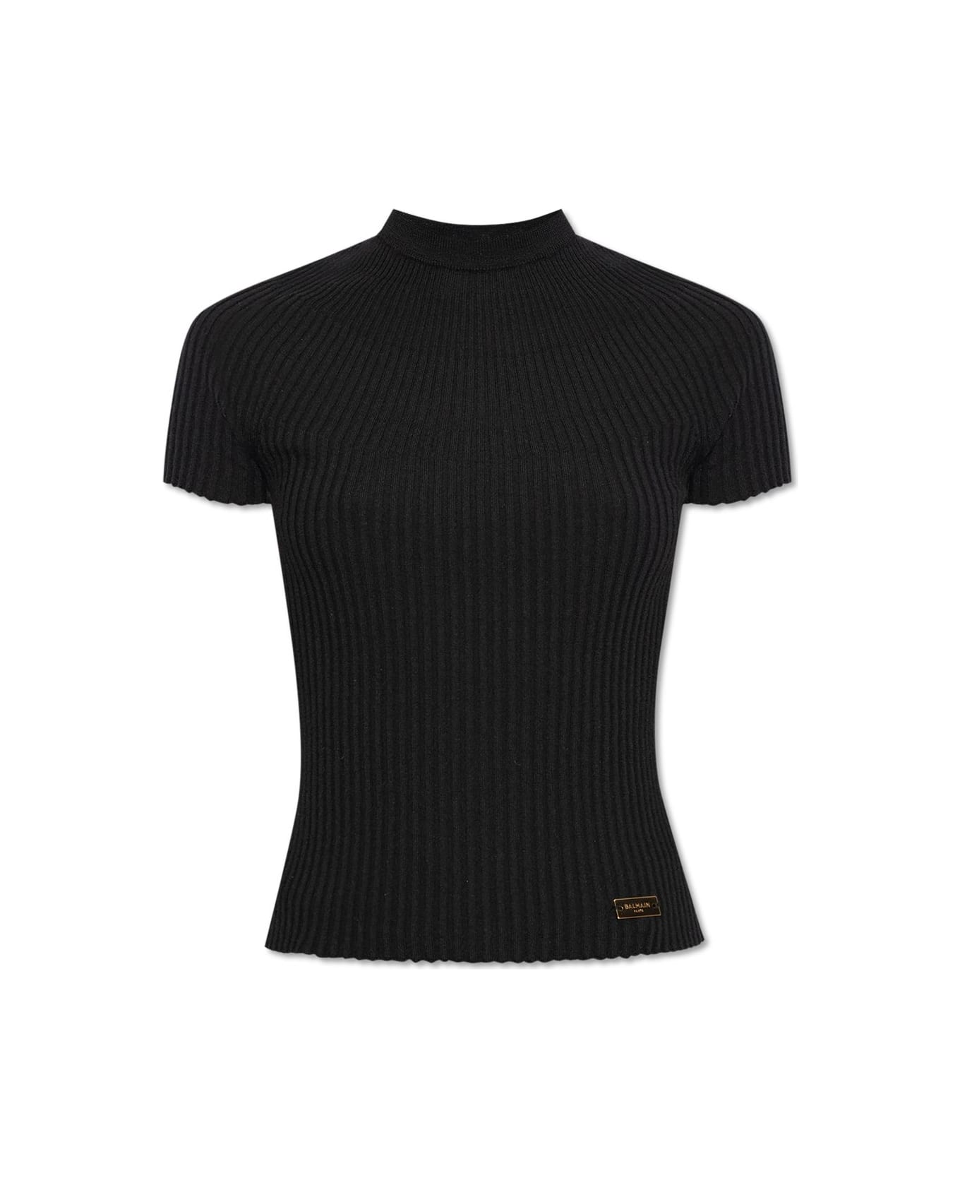 Balmain Logo Plaque Short-sleeved Ribbed Knit Top - Nero