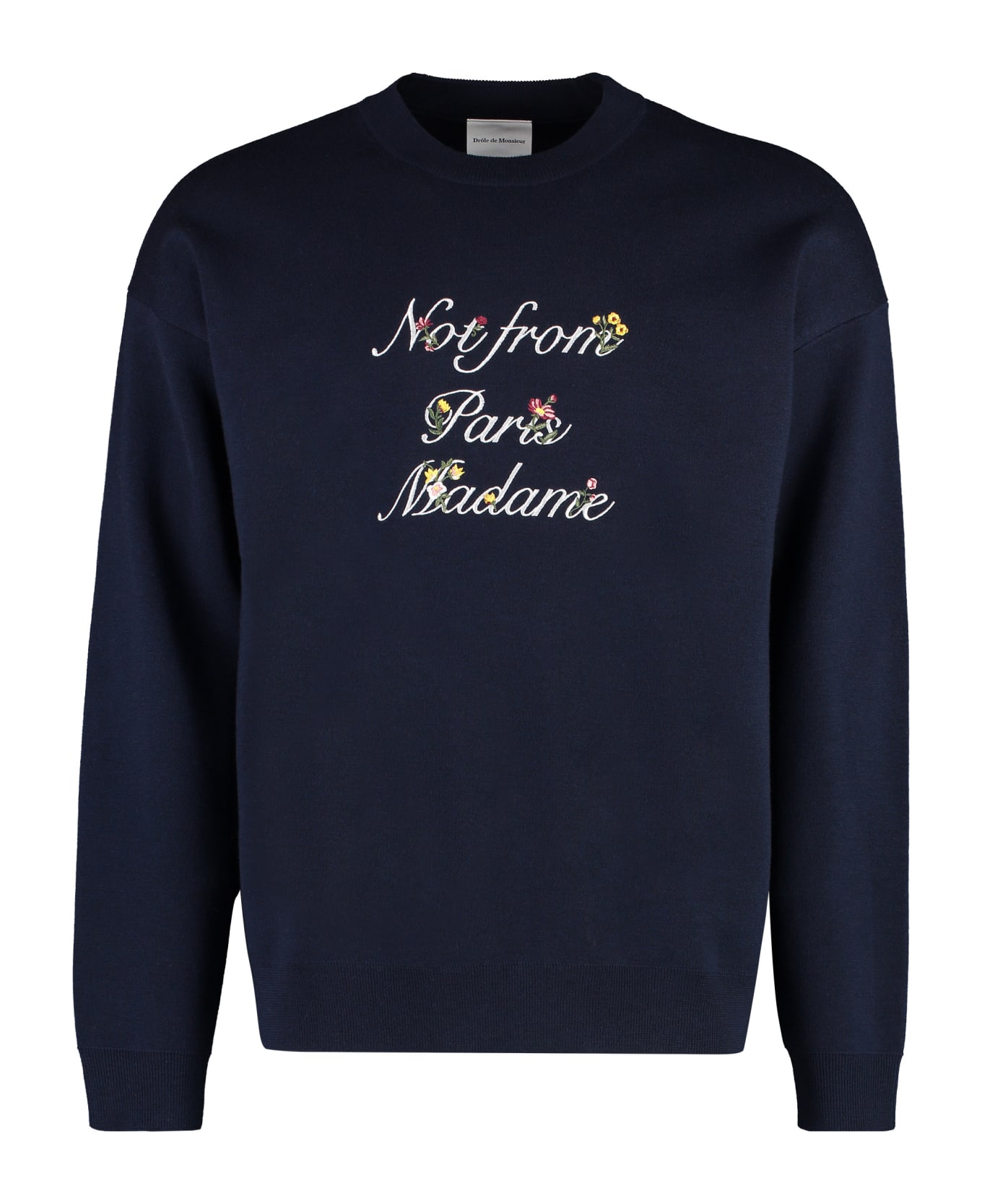 Drôle de Monsieur Slogan à Fleurs Merino Wool Crew-neck Sweater - blue
