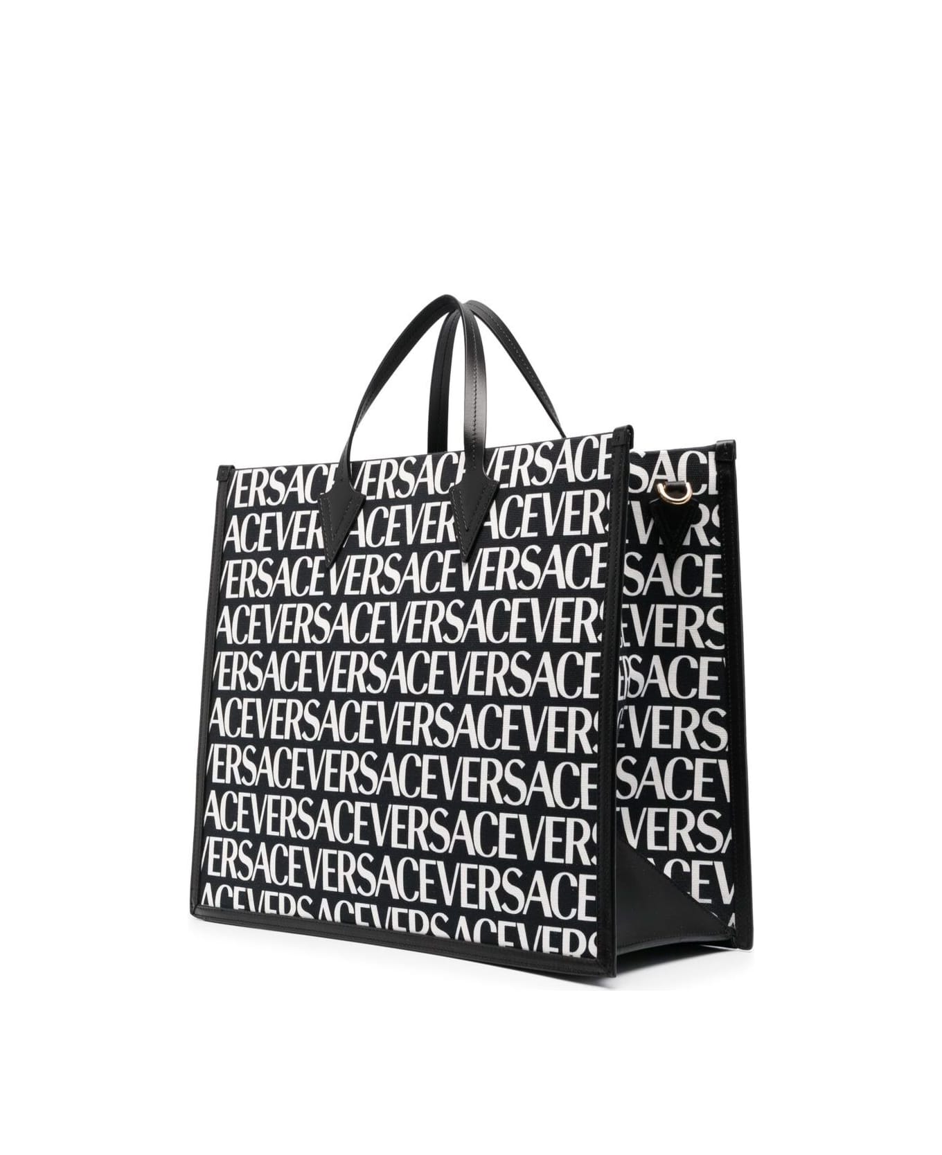 Versace Repeat Tote Bag With All-over Logo Print In Black Canvas Woman - Black