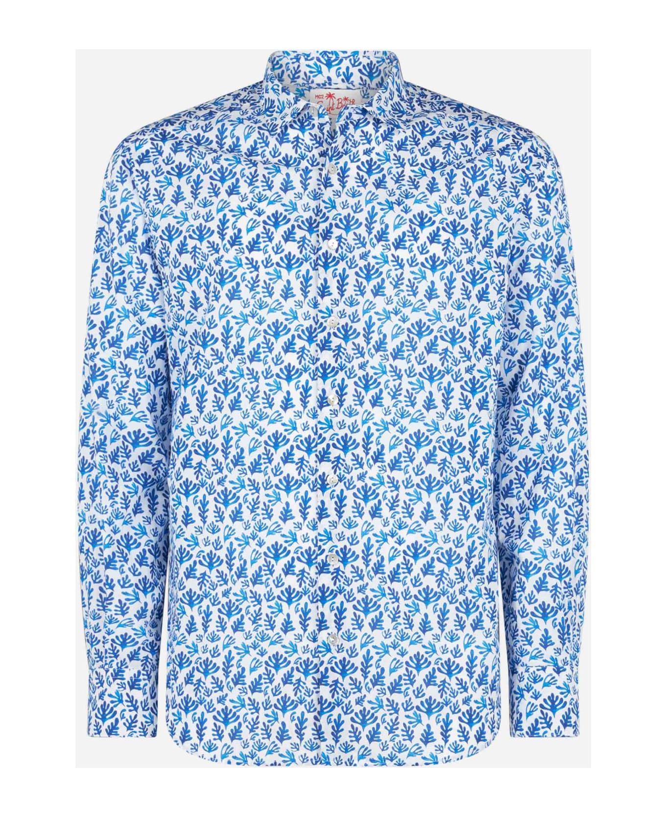 MC2 Saint Barth Man Muslin Cotton Sikelia Shirt With Blue Leaves Print - WHITE シャツ