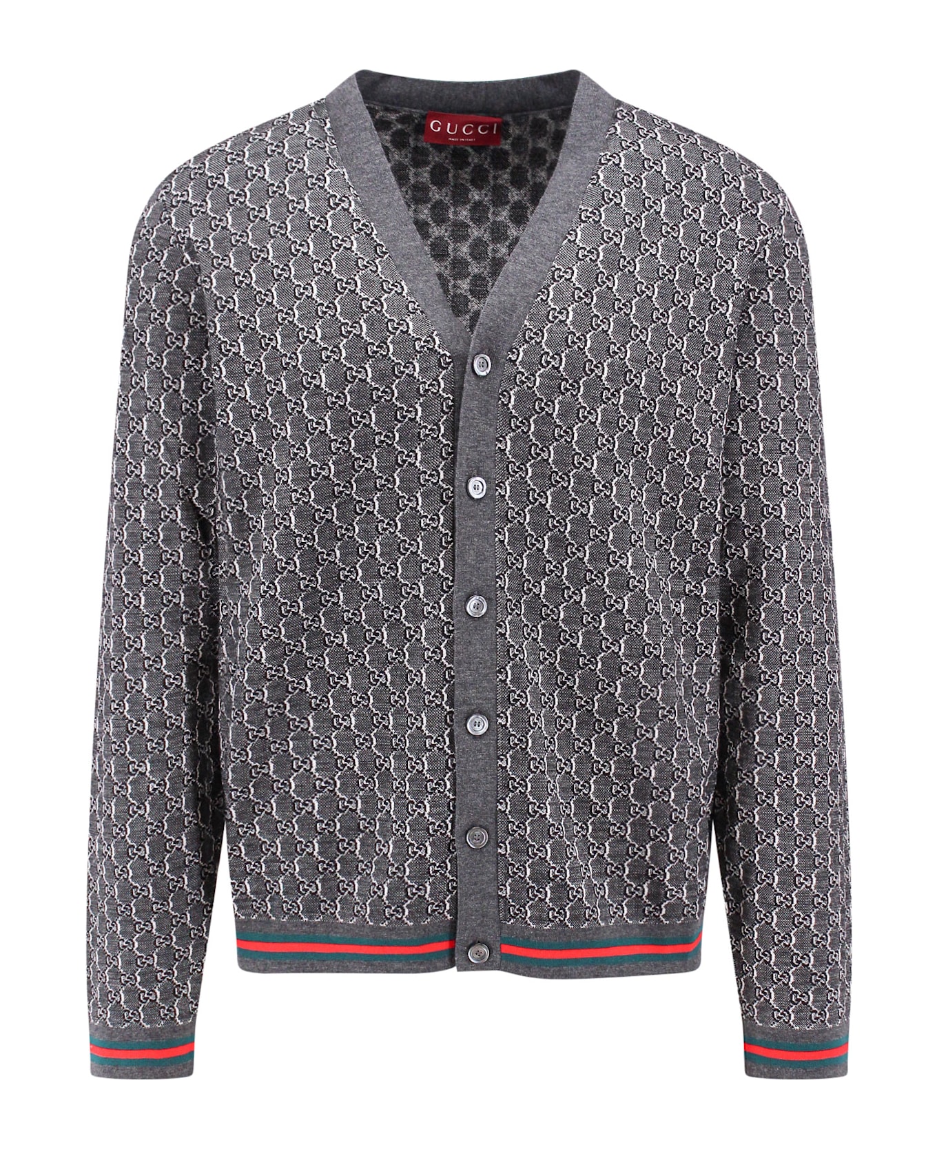 Gucci Wool And Silk Cardigan With Gg Motif - Grey