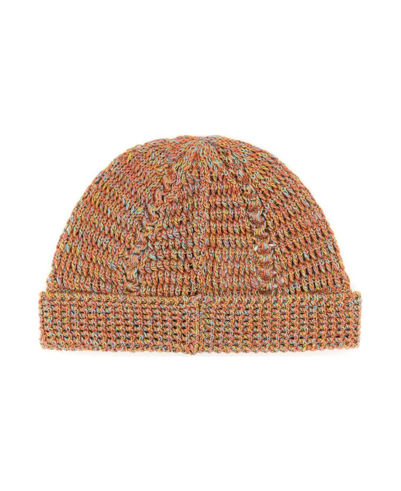 Valentino Garavani Multicolor Linen Blend Knitted Vlogo Signature Beanie Hat - OCRAMOULINE
