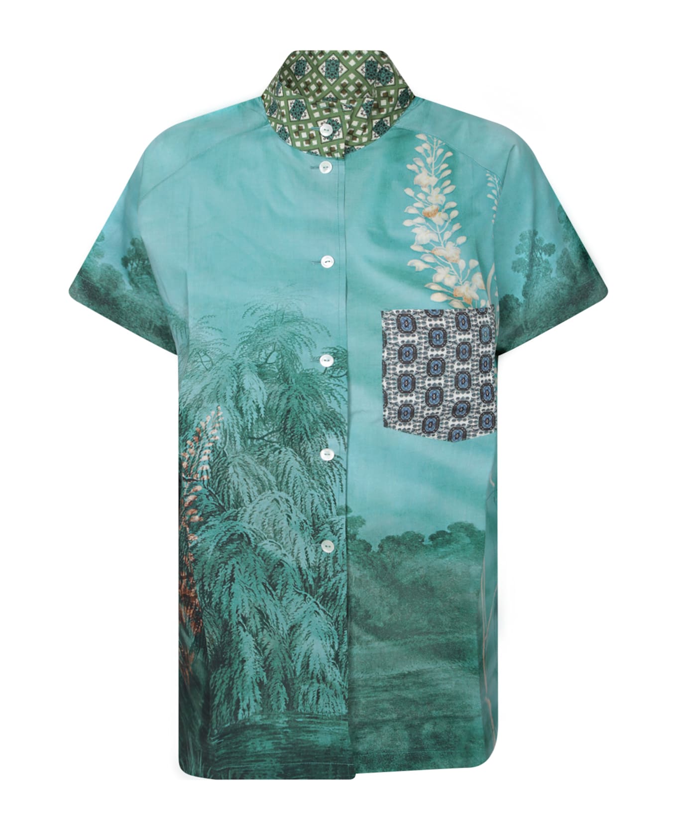 Pierre-Louis Mascia Aqua Green Silk Shirt With Tropical Print - Green