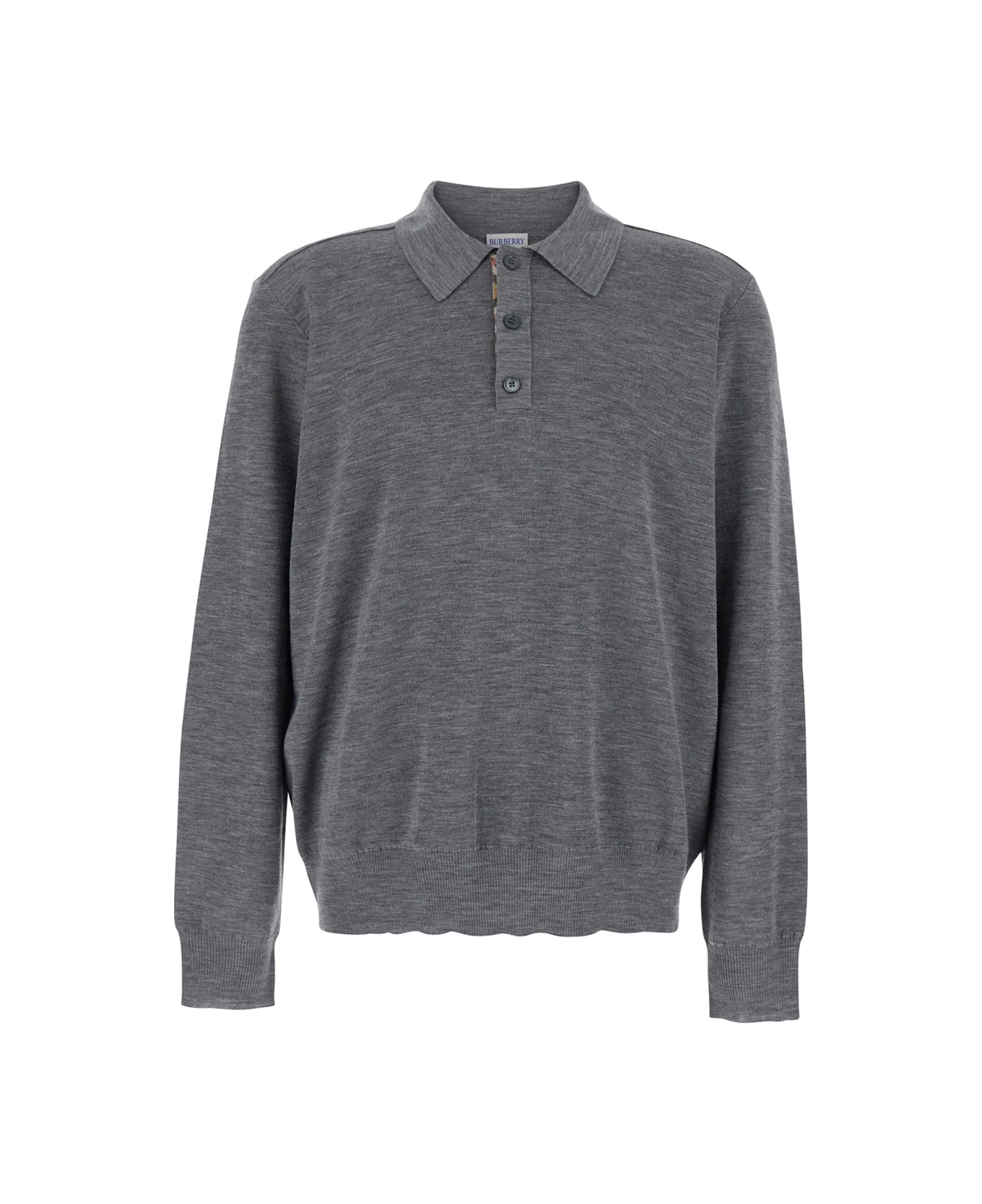 Burberry Grey Polo Shirt With Classic Collar And Check Motif On The Collar In Wool Man - Grey