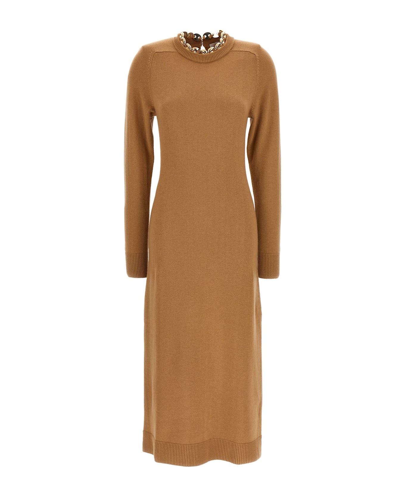 Paco Rabanne Chain-embellished Long-sleeved Knitted Dress - Camel