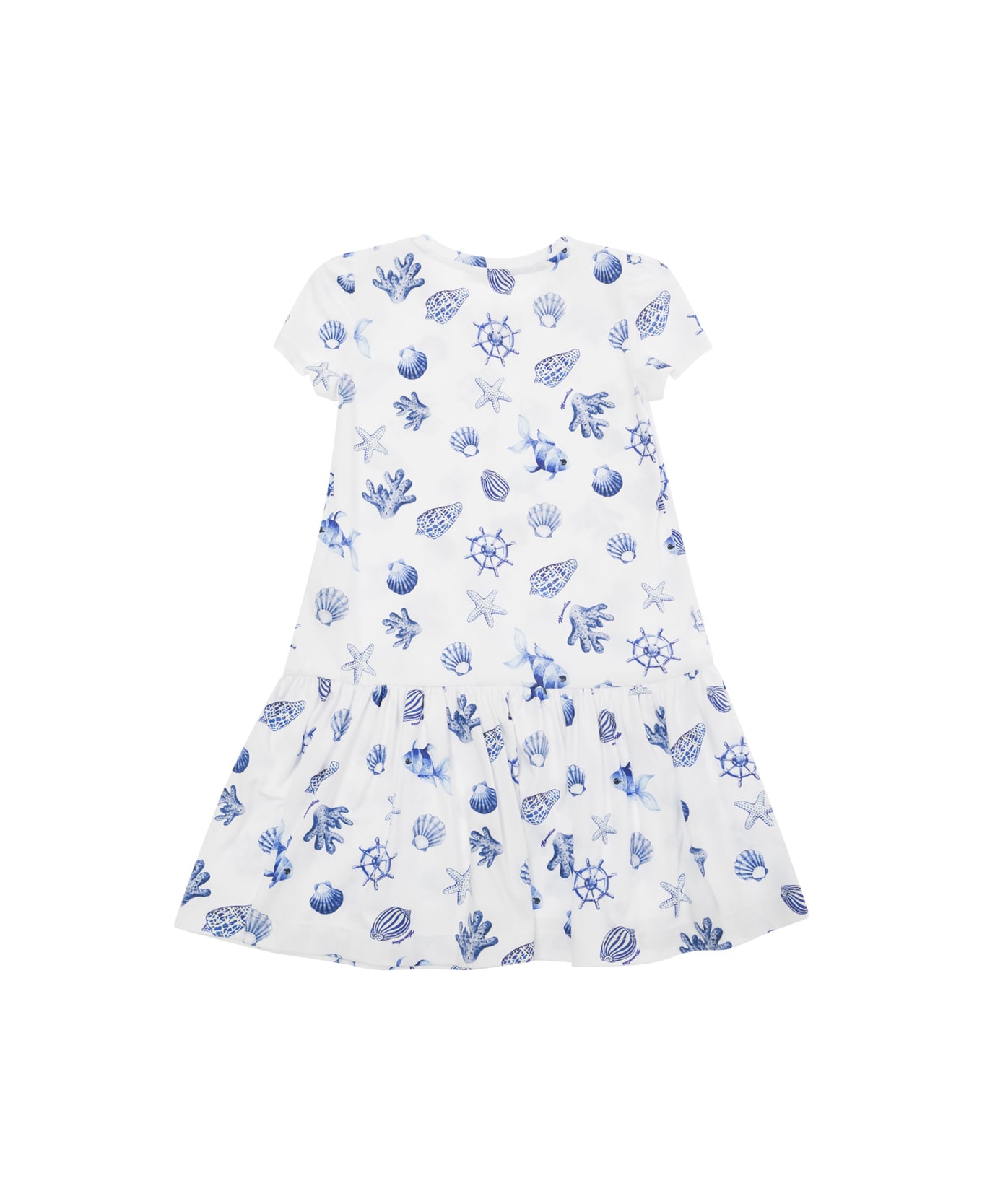 Monnalisa Mini Blue Dress With All-over Marine Print In Stretch Cotton Girl - Multicolor ワンピース＆ドレス