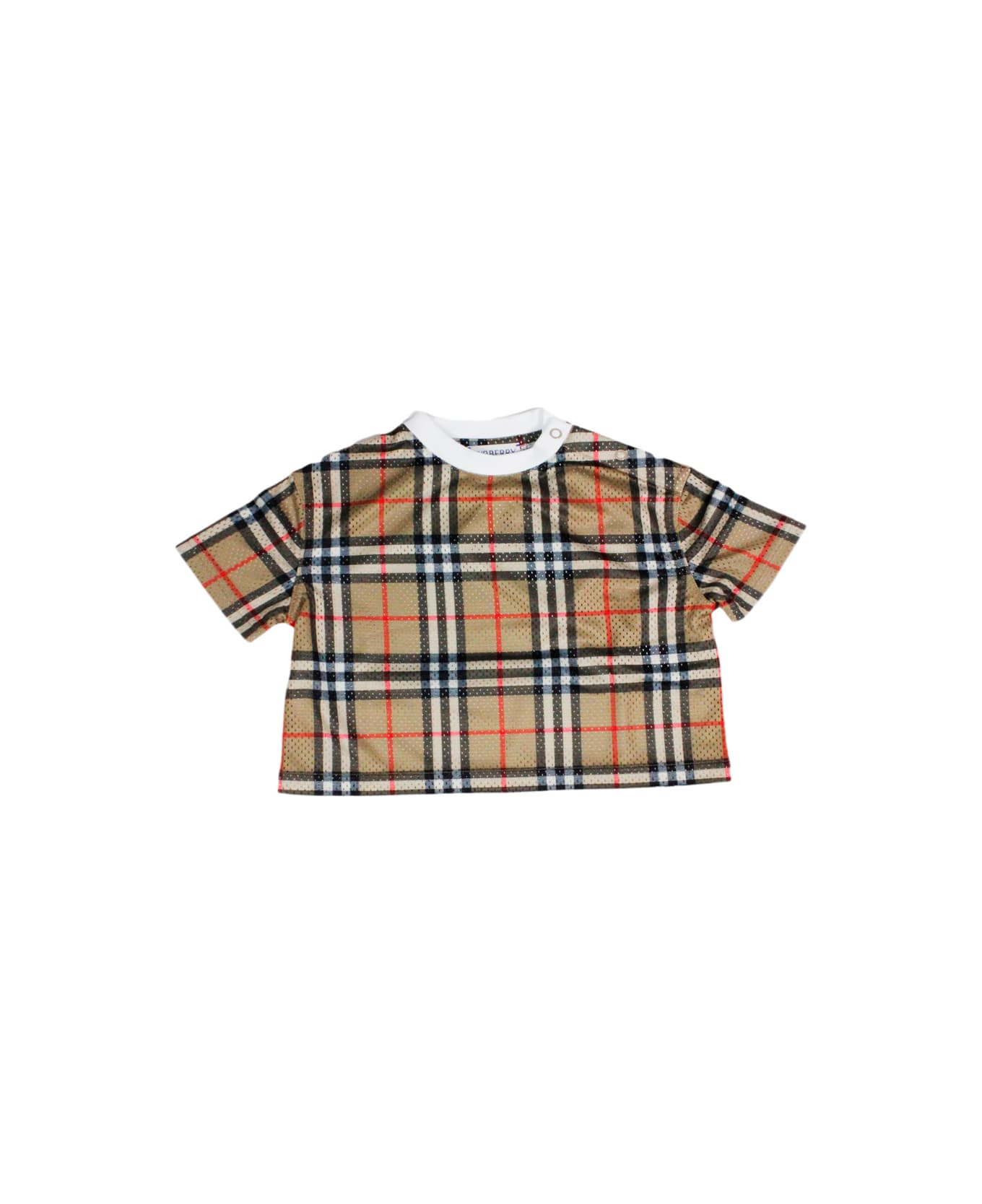 Burberry Crew-neck, Short-sleeved T-shirt In Perforated Fabric With Check Pattern And Small Buttons On The Shoulder. - Beige
