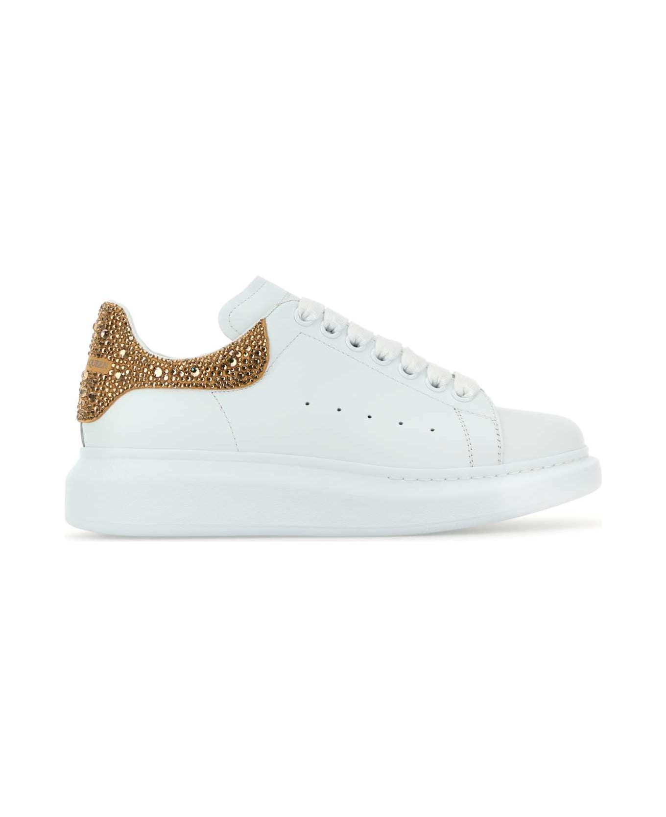 Alexander McQueen White Leather Sneakers With Embellished Suede Heel - WHITEDARKCAMEL