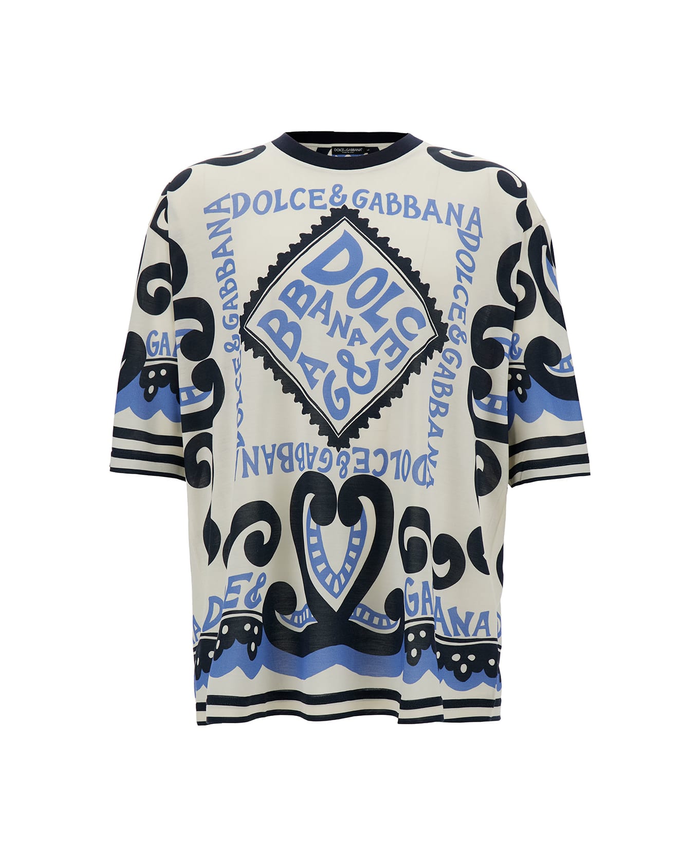Dolce & Gabbana Light Blue And White Crewneck T-shirt With Marina Print In Silk Man - White