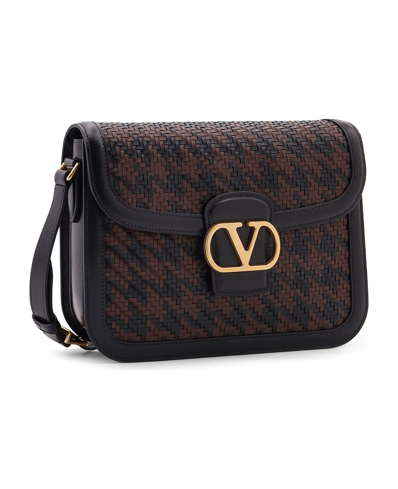 Valentino Garavani 9to5 Woven Leather Shoulder Bag - NERO/BARK BROWN/NERO
