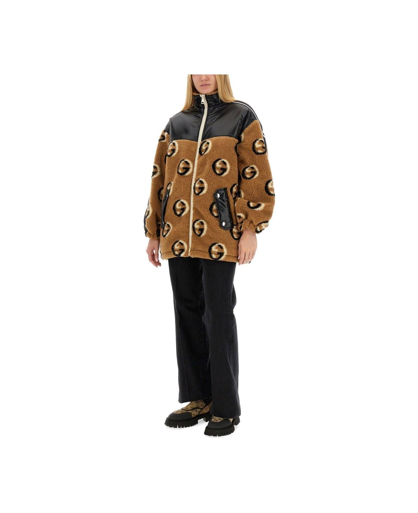 Gucci Fleece Jacquard Zipper Jacket - BEIGE