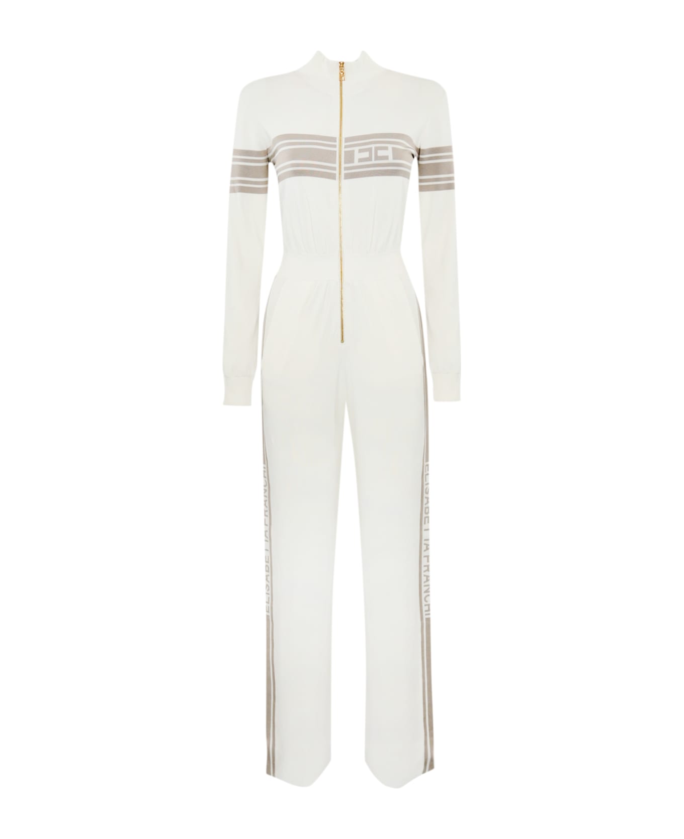 Elisabetta Franchi Viscose Jumpsuit With Logo Bands - Avorio/greige