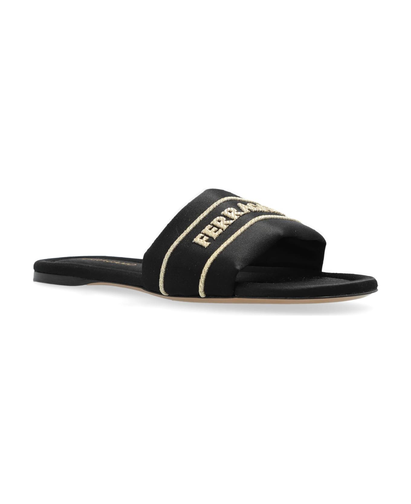 Ferragamo Satin Mules With Logo - BLACK