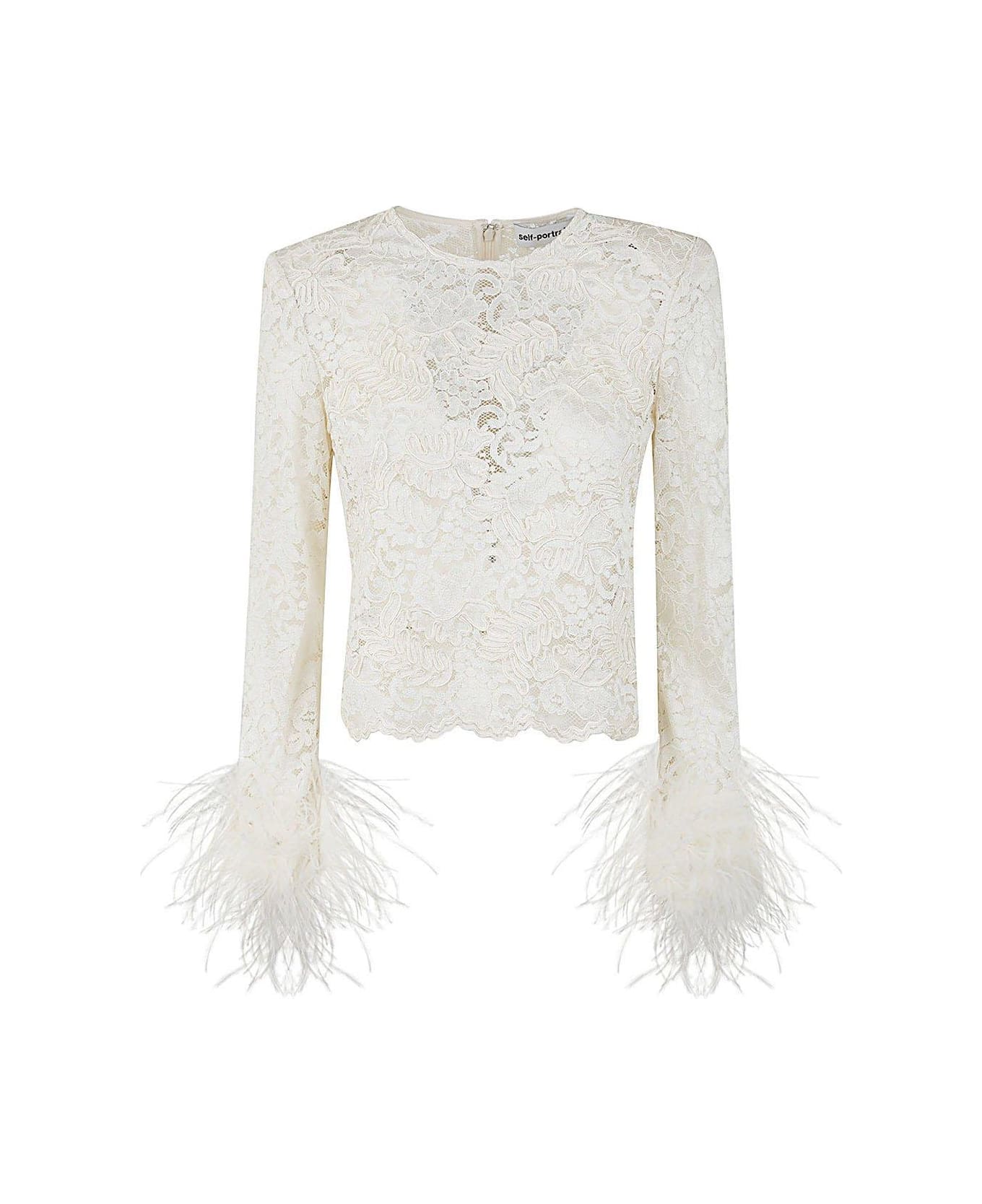 self-portrait Lace-detailed Long-sleeved Top - Cream トップス