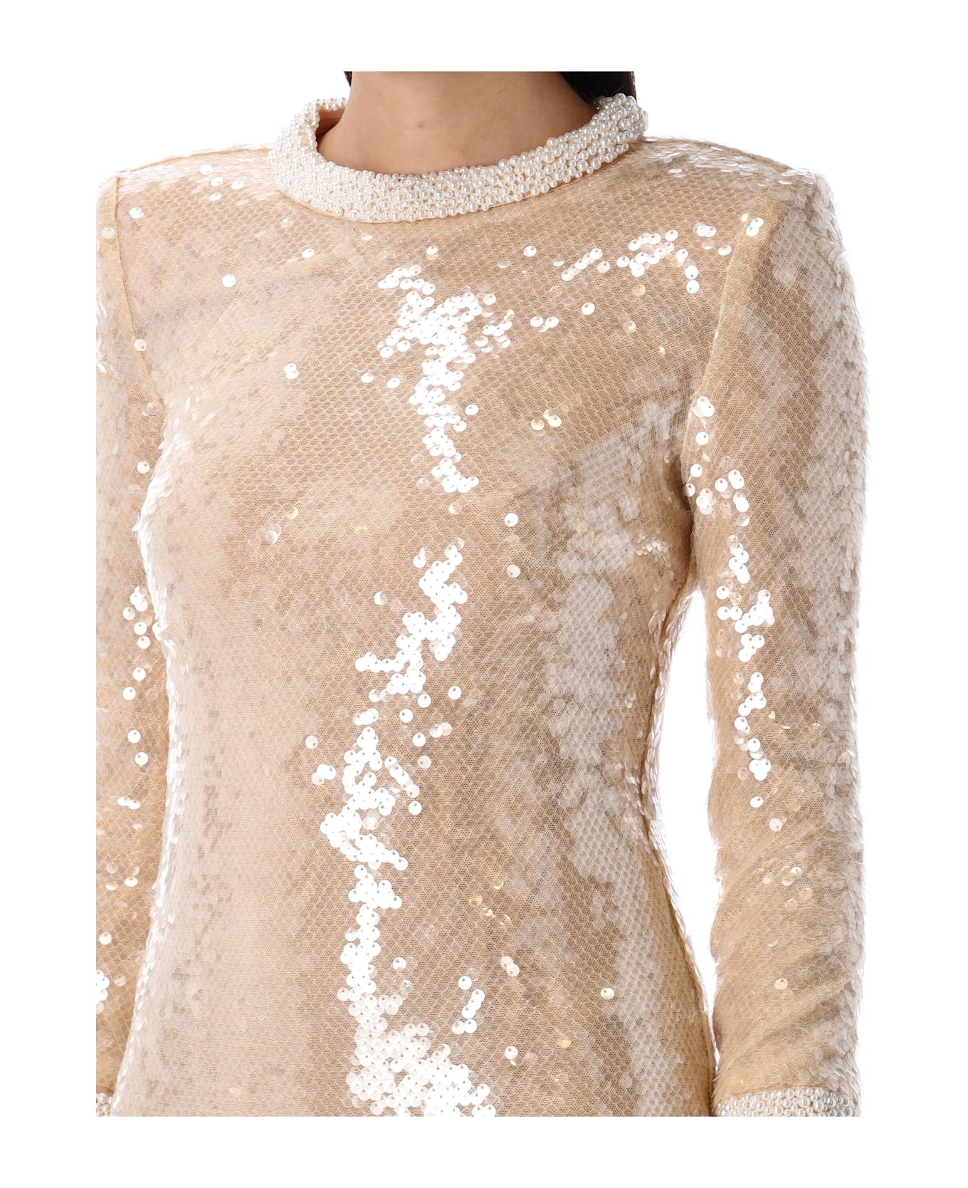 self-portrait Pearl Trim Sequin Mini Dress - Bg Beige