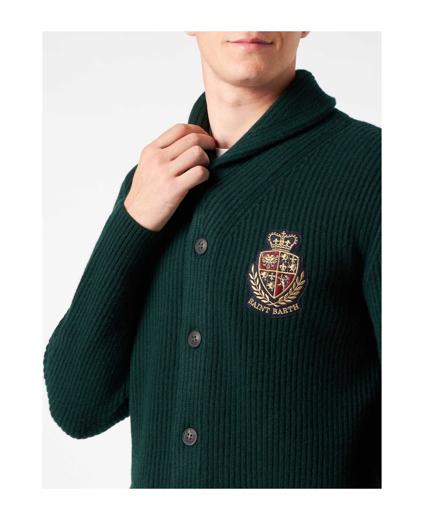 MC2 Saint Barth Man Shawl Collar Green Ribbed Cardigan With Pockets And Patch - GREEN