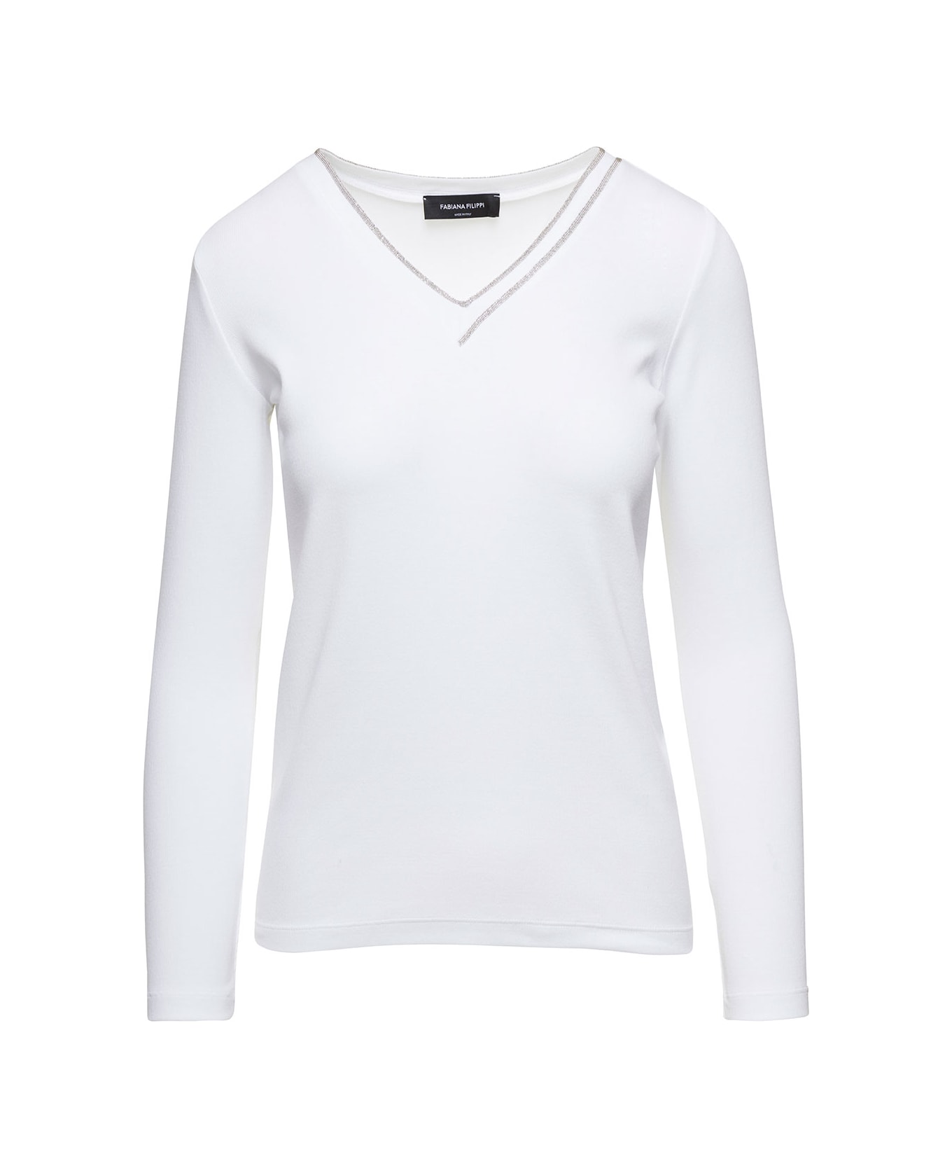 Fabiana Filippi White V Neck Long Sleeve Pullover With Rhinestone Detail In  Stretch Cotton Woman | italist, ALWAYS LIKE A SALE