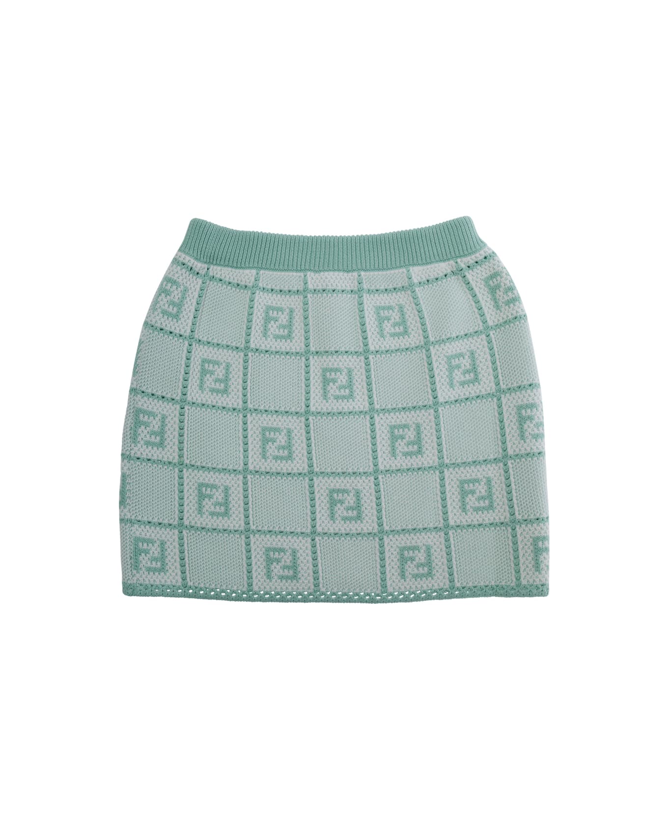 Fendi Light Blue Skirt With Check Motif And All-over Logo Embroidery In Cotton Blend Girl - Light blue